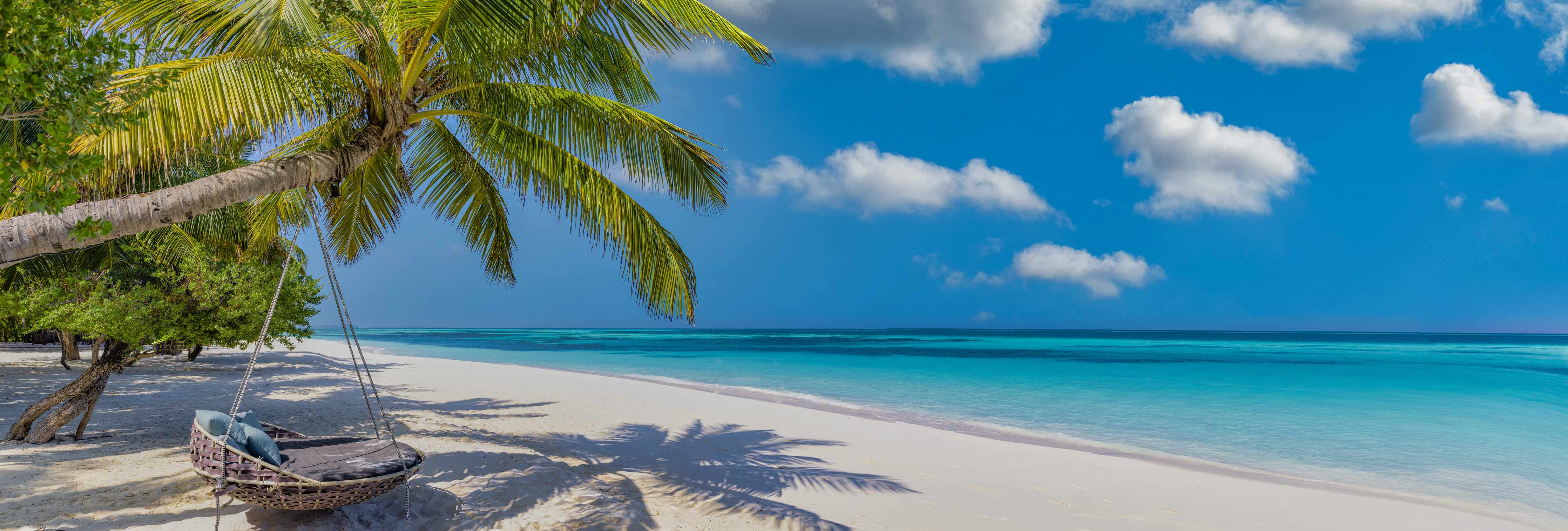 Wandverkleidung Bad-Tropischer Strand mit Palme und Hängesessel