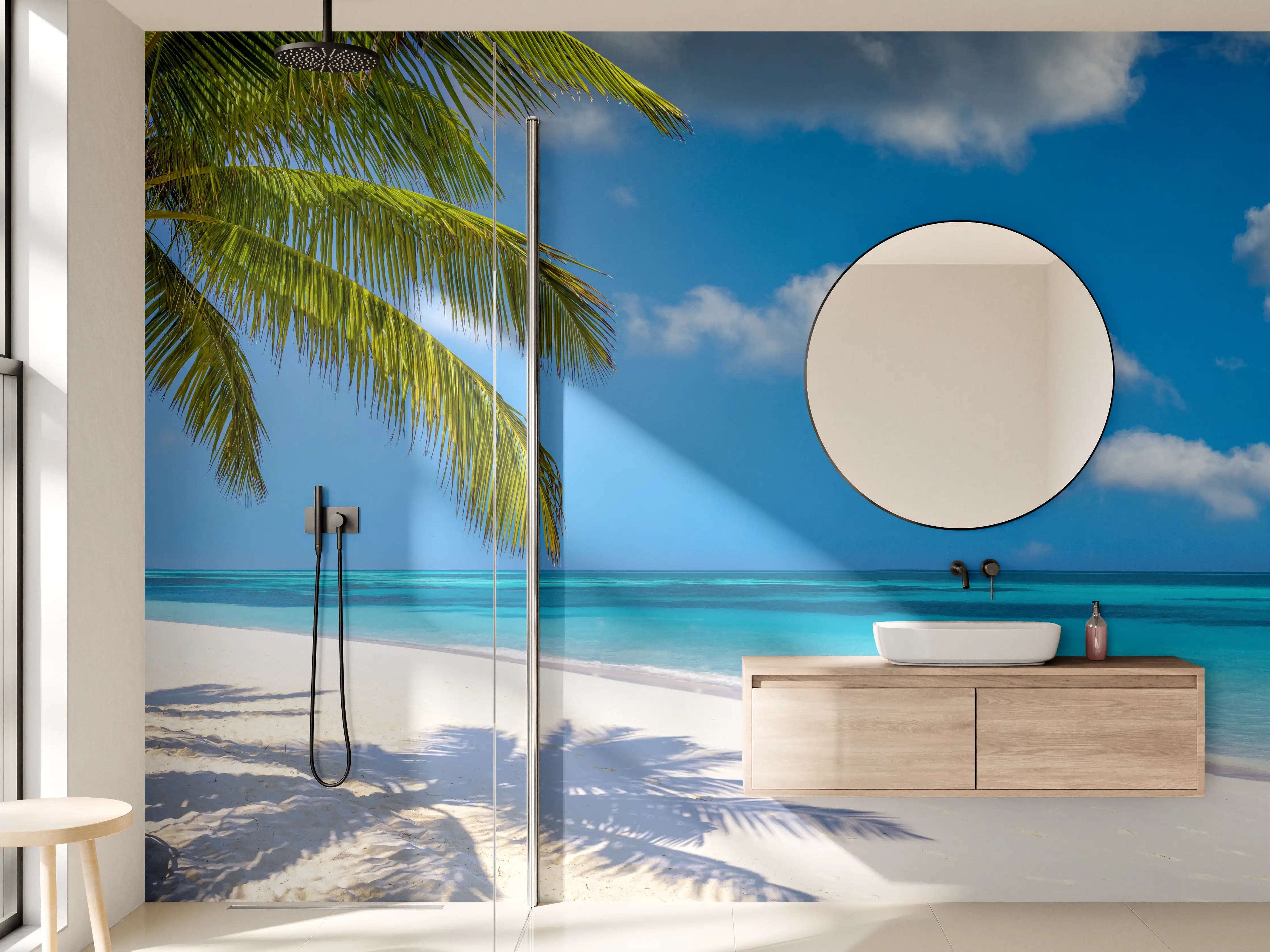 Wandverkleidung Bad - Tropischer Strand mit Palme und Hängesessel