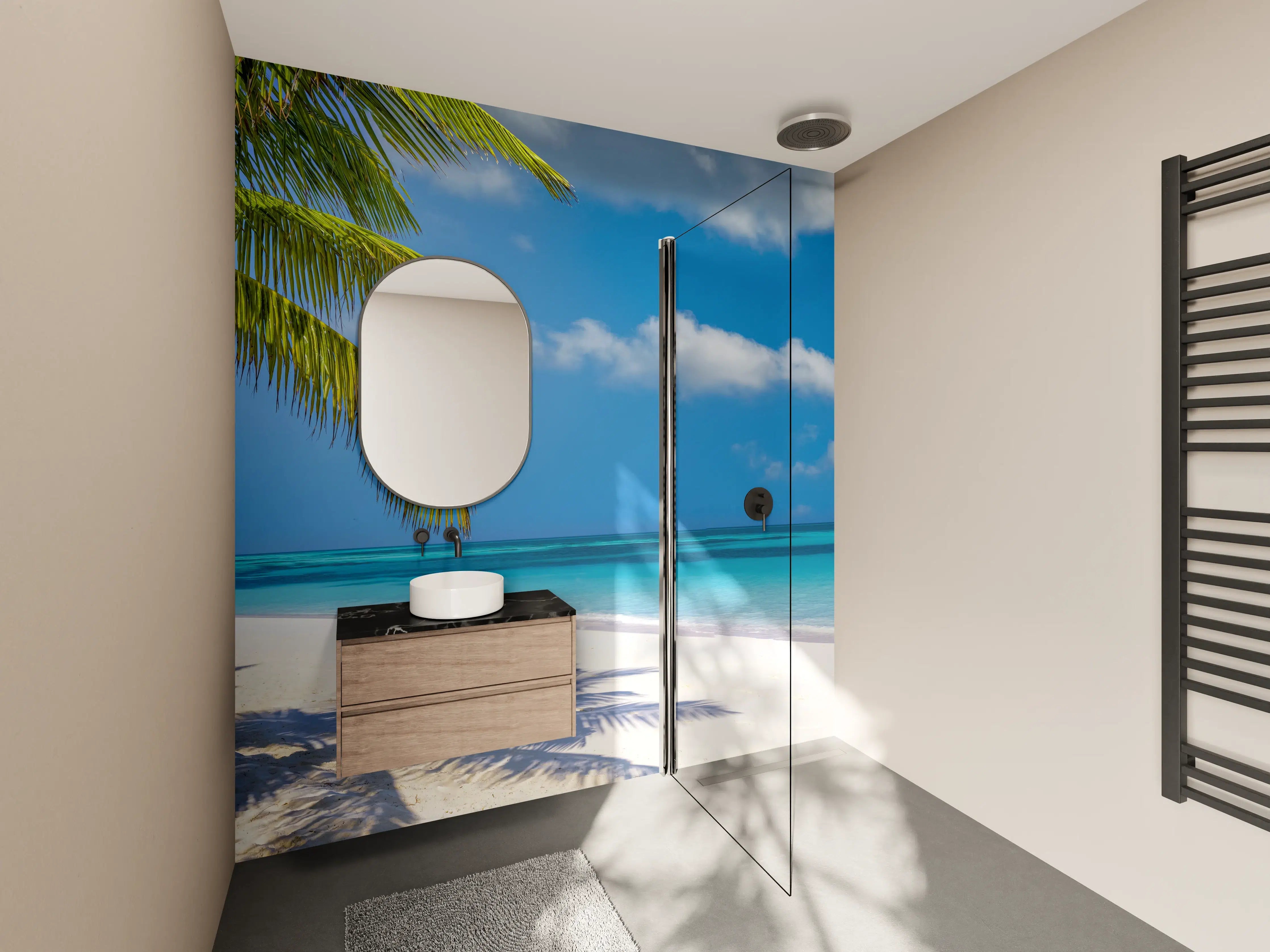 Wandverkleidung Bad - Tropischer Strand mit Palme und Hängesessel