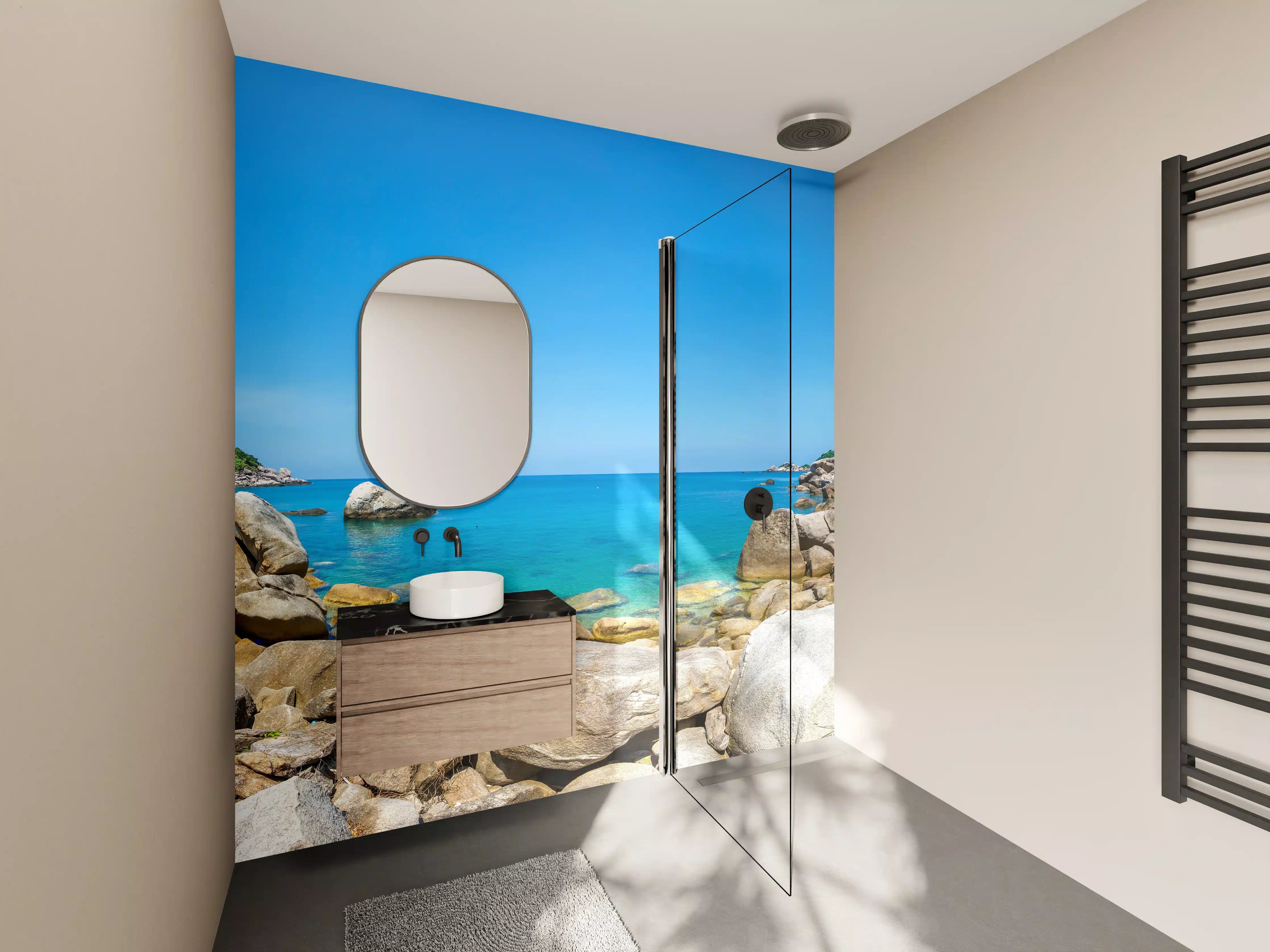 Wandverkleidung Bad - Tropischer Strand mit Palmen, blauer Himmel