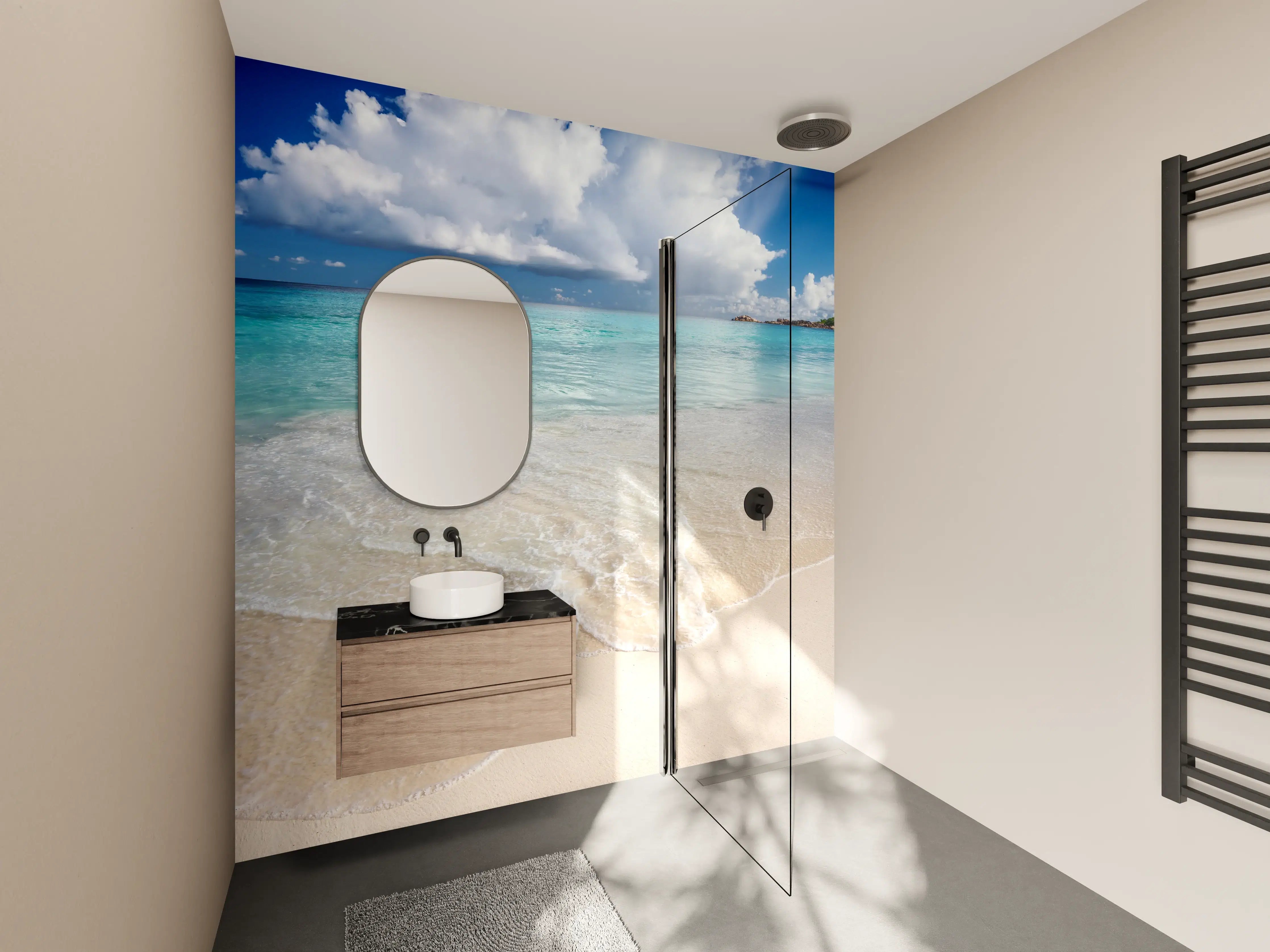 Wandverkleidung Bad - Tropischer Strand mit blauem Himmel