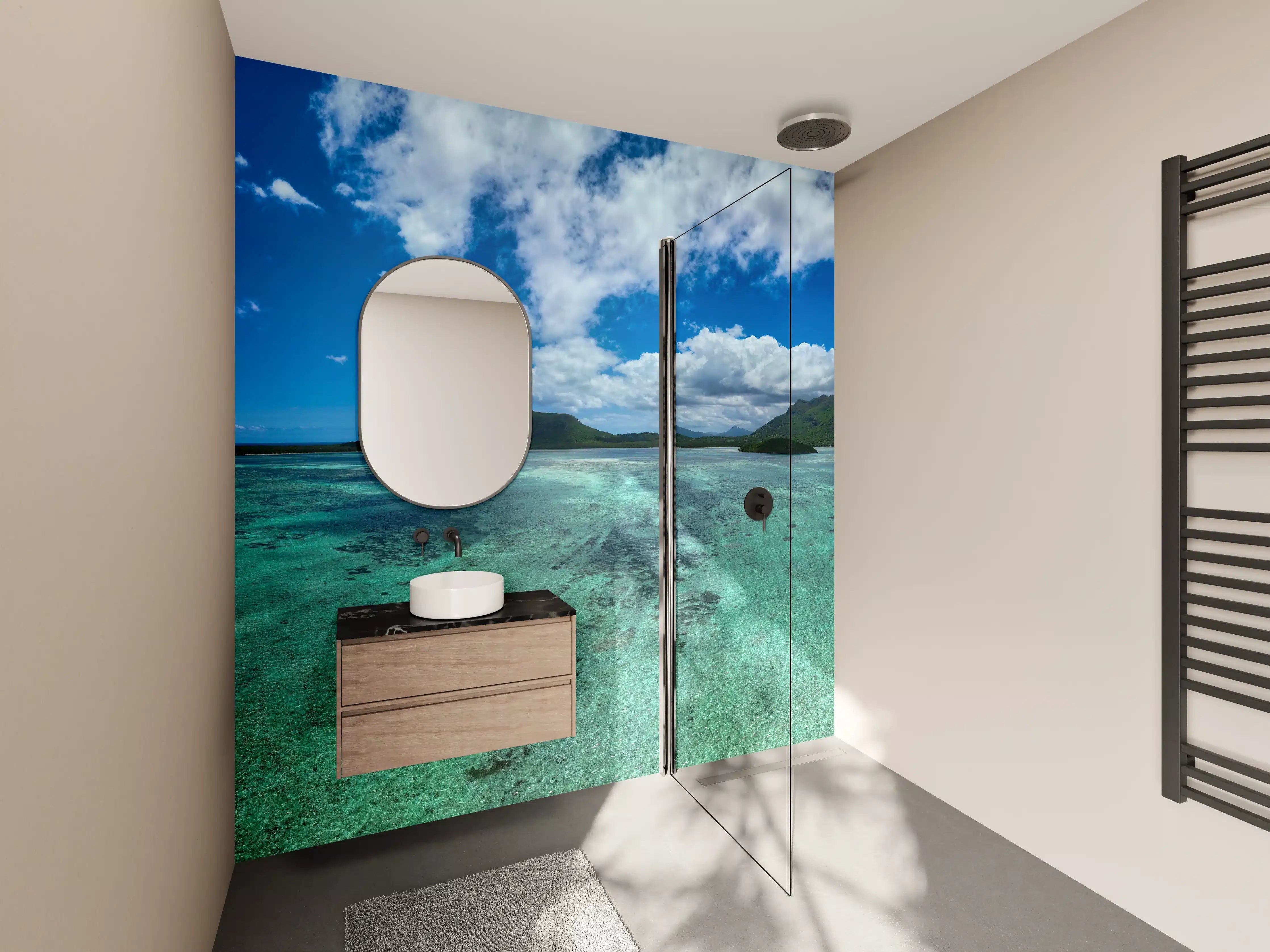 Wandverkleidung Bad - Tropischer Strand mit klarer See und Insel im Hintergrund