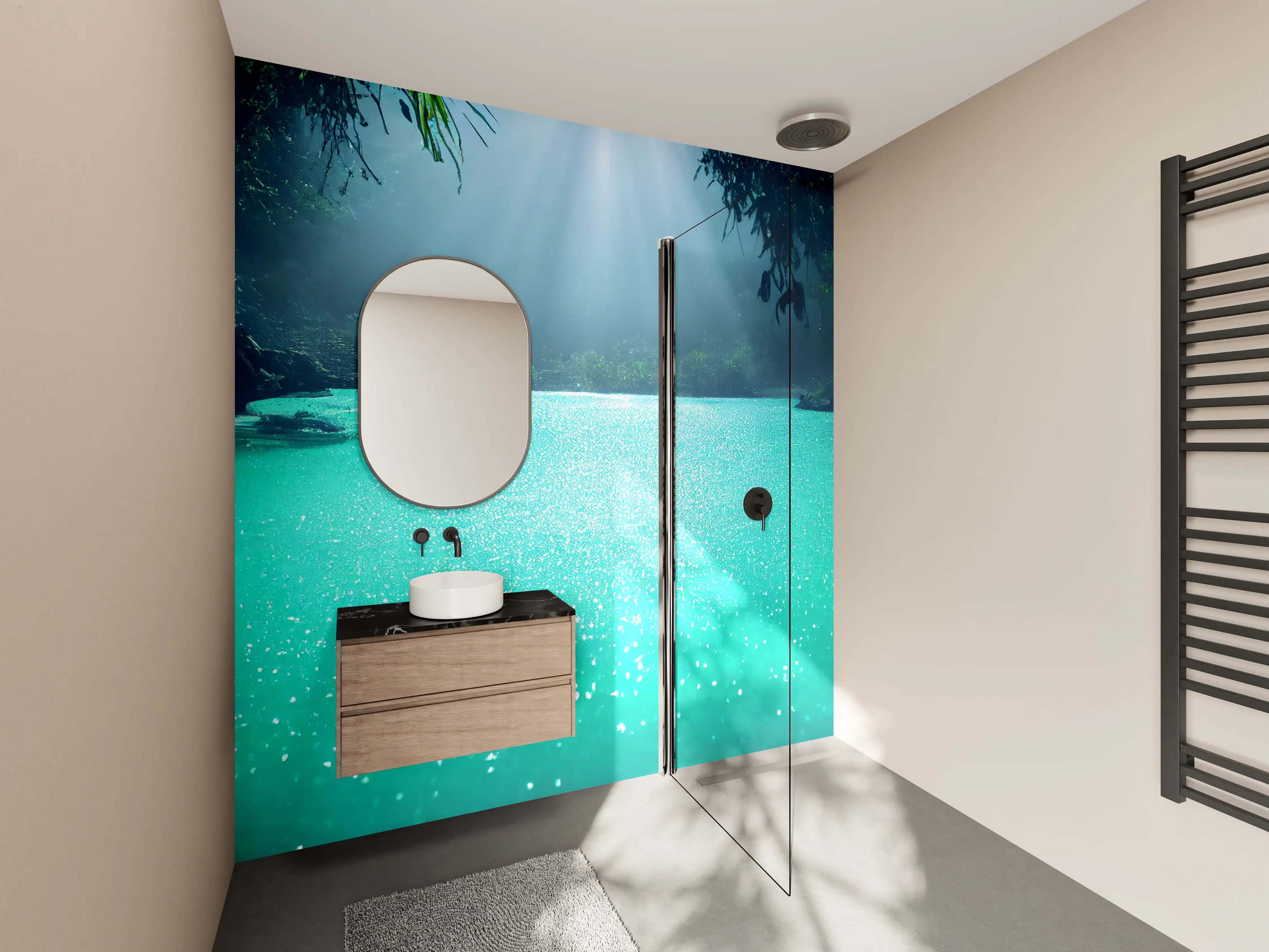 Wandverkleidung Bad - Tropischer Wasserfall in Sonnenlicht