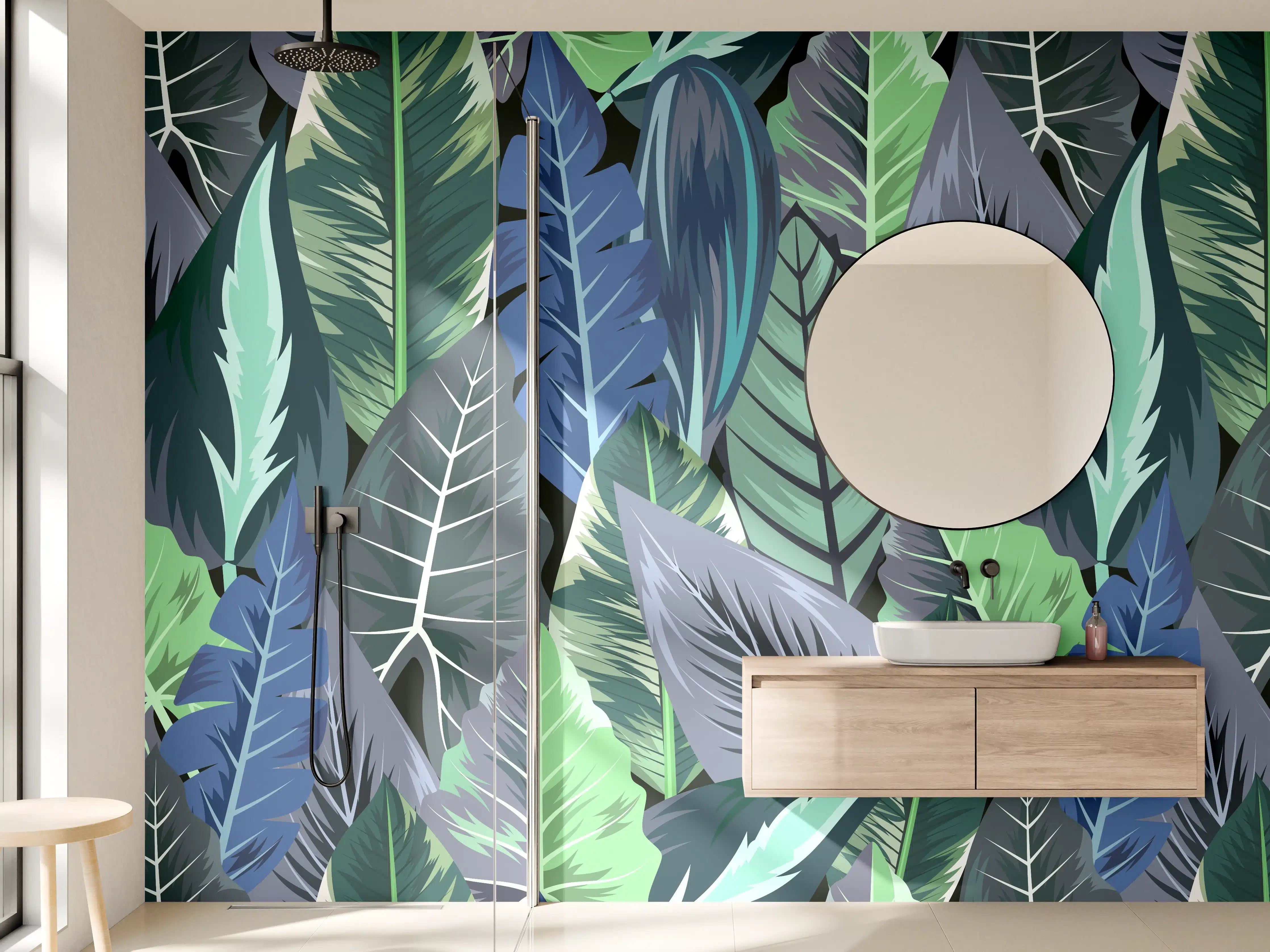 Wandverkleidung Bad - Tropisches Blatt-Labyrinth Grün-Blau