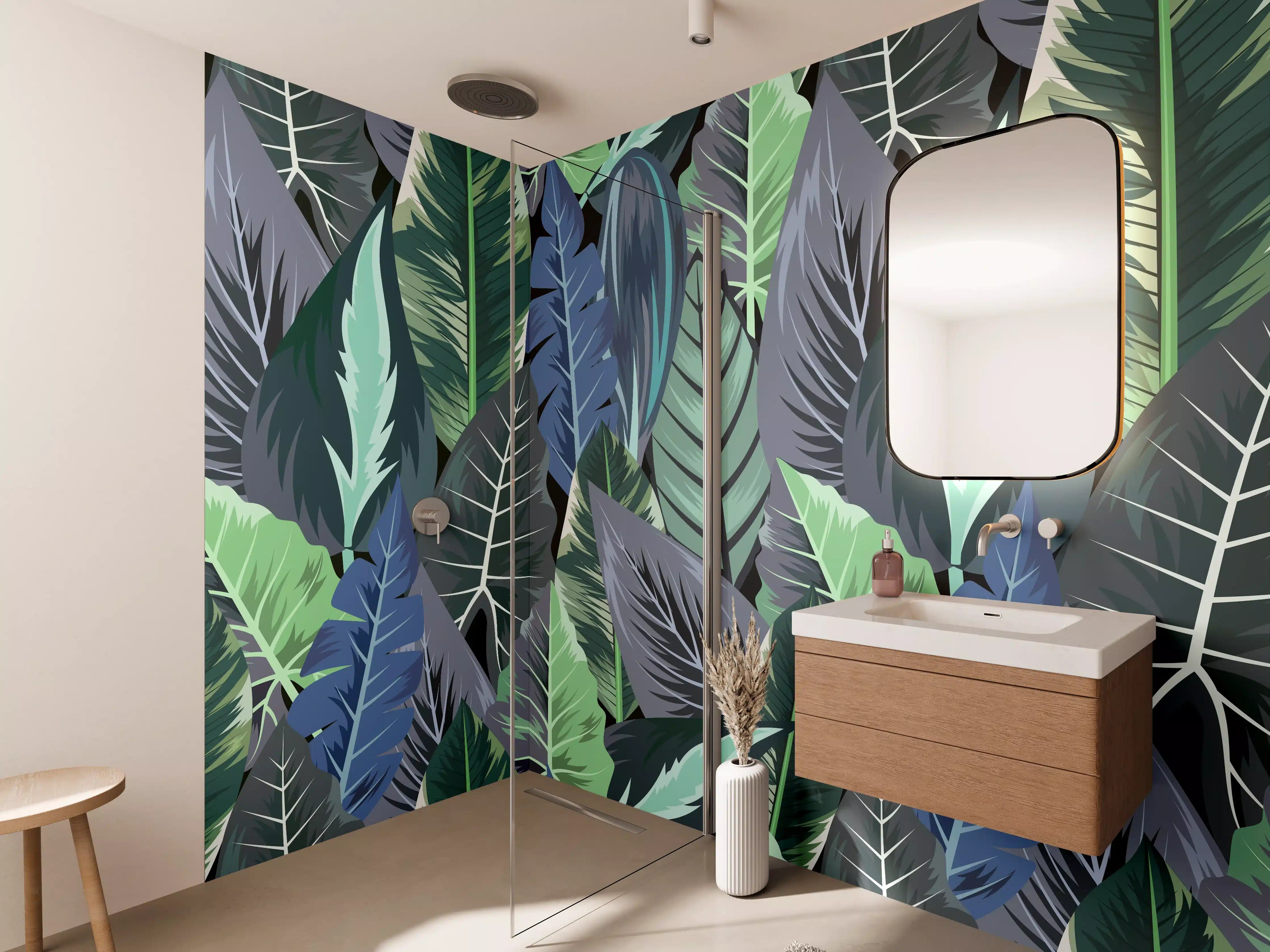 Wandverkleidung Bad - Tropisches Blatt-Labyrinth Grün-Blau