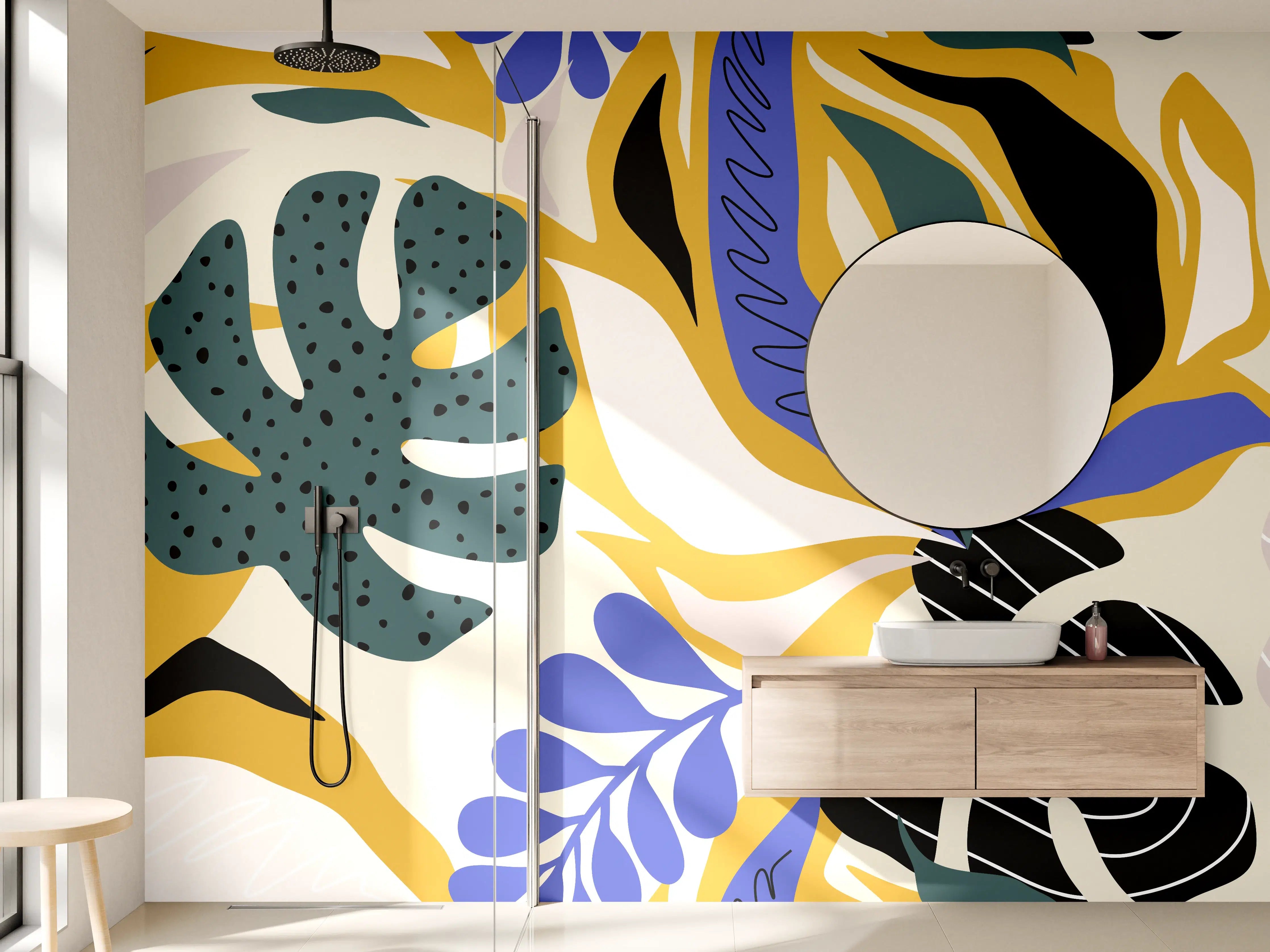 Wandverkleidung Bad - Tropisches Blattmuster Gelb-Blau
