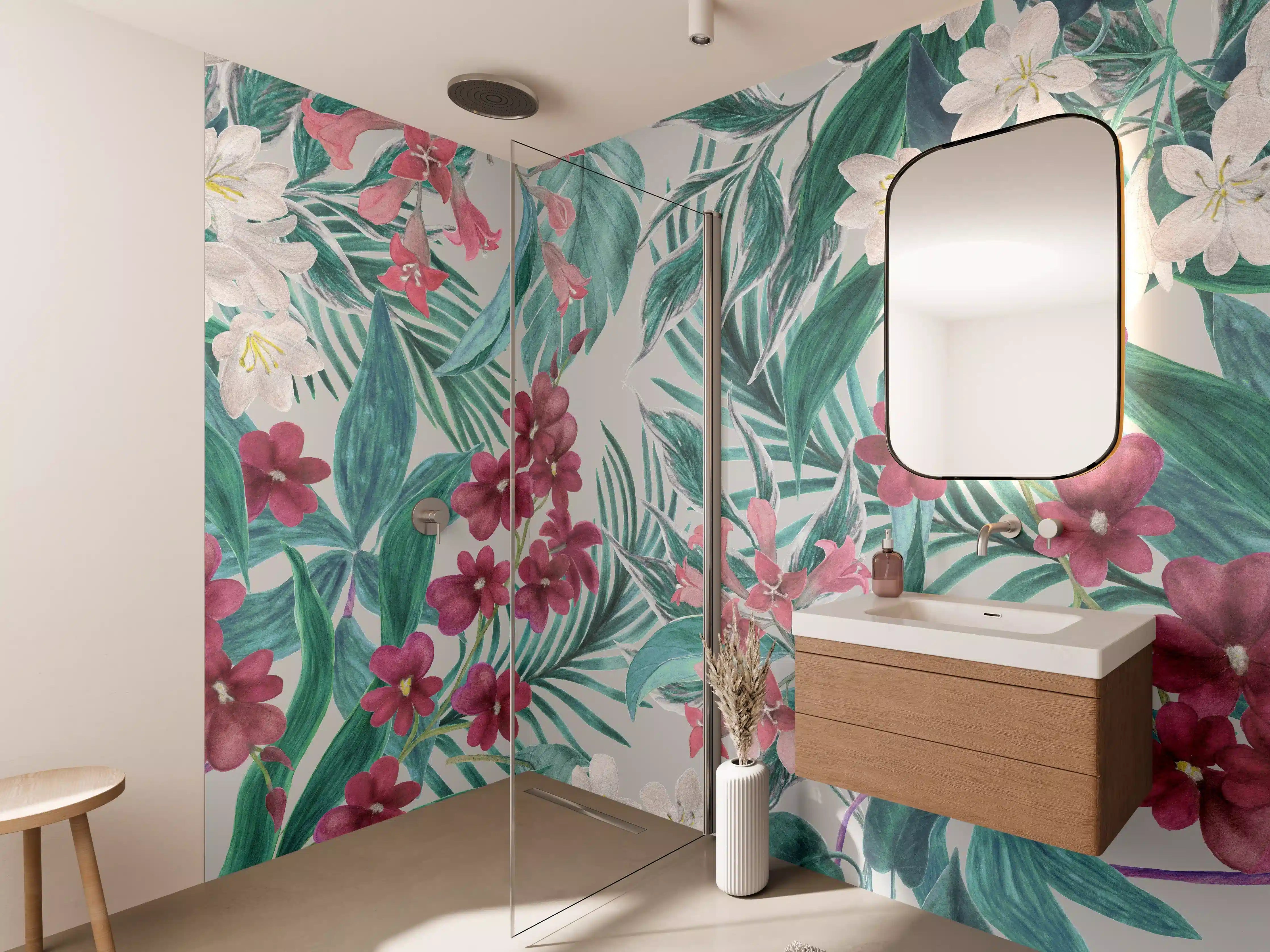 Wandverkleidung Bad - Tropisches Blumenmuster Rosa-Grau
