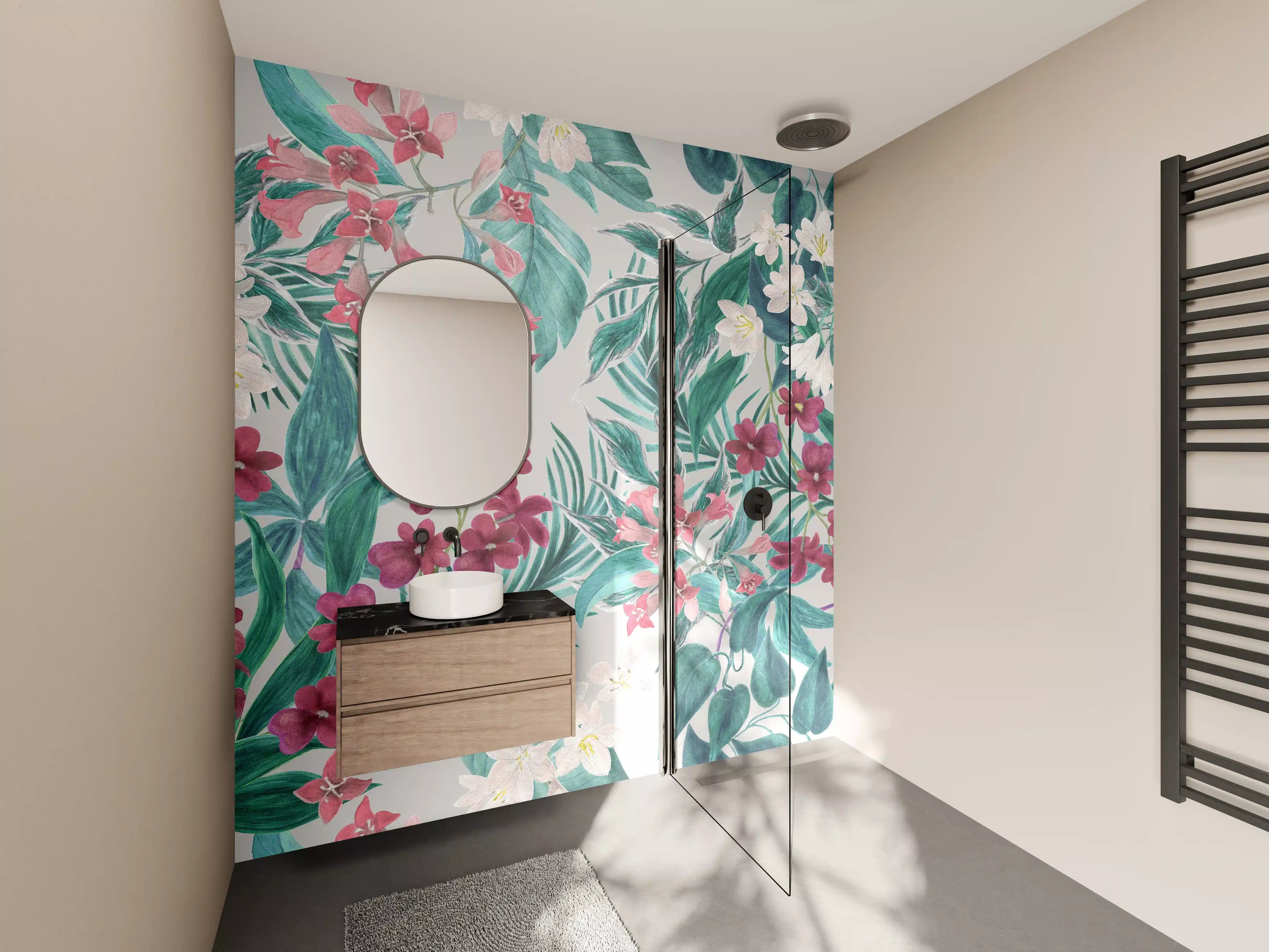 Wandverkleidung Bad - Tropisches Blumenmuster Rosa-Grau