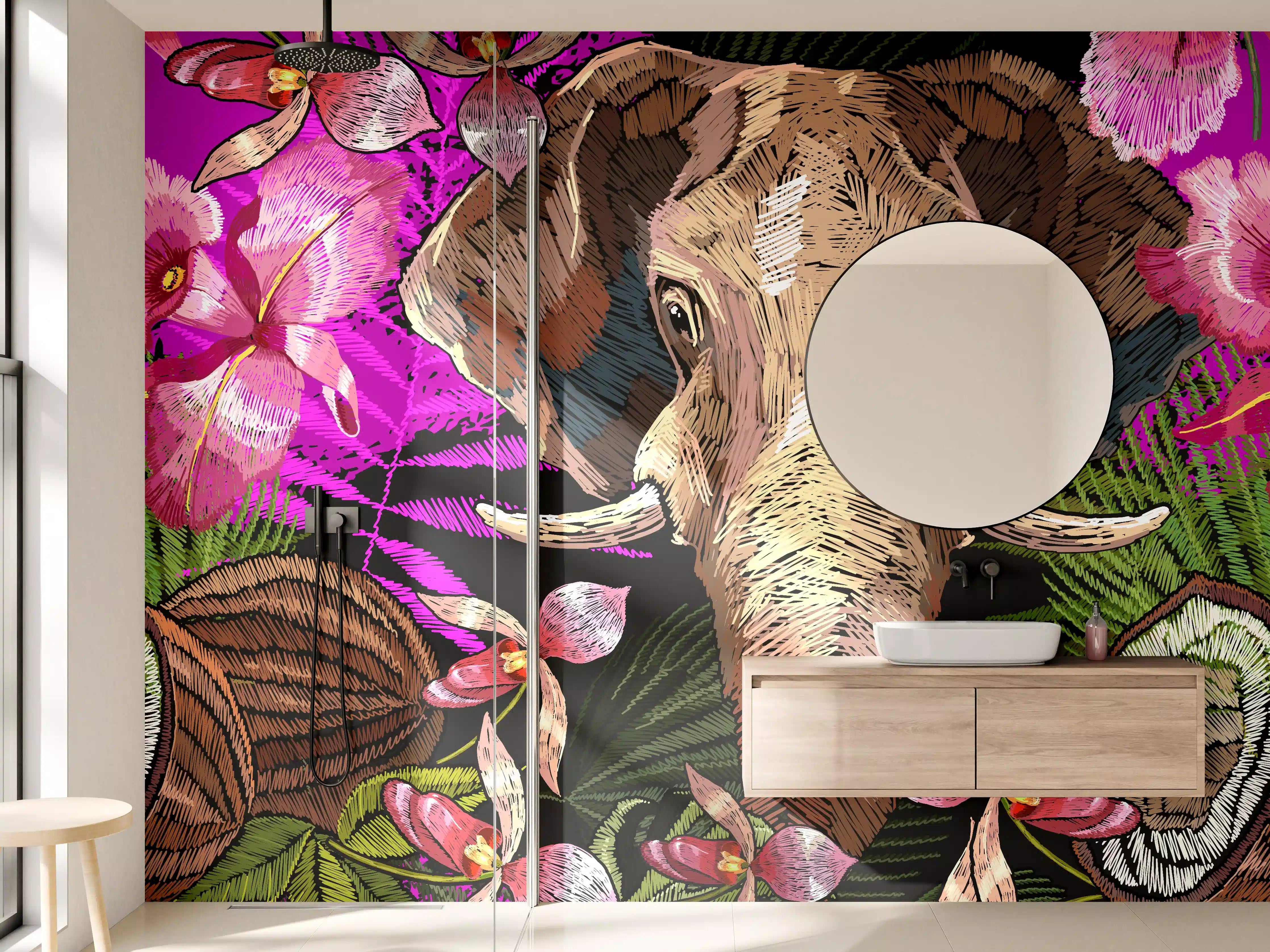 Wandverkleidung Bad - Tropisches Elefanten-Orchideen Muster