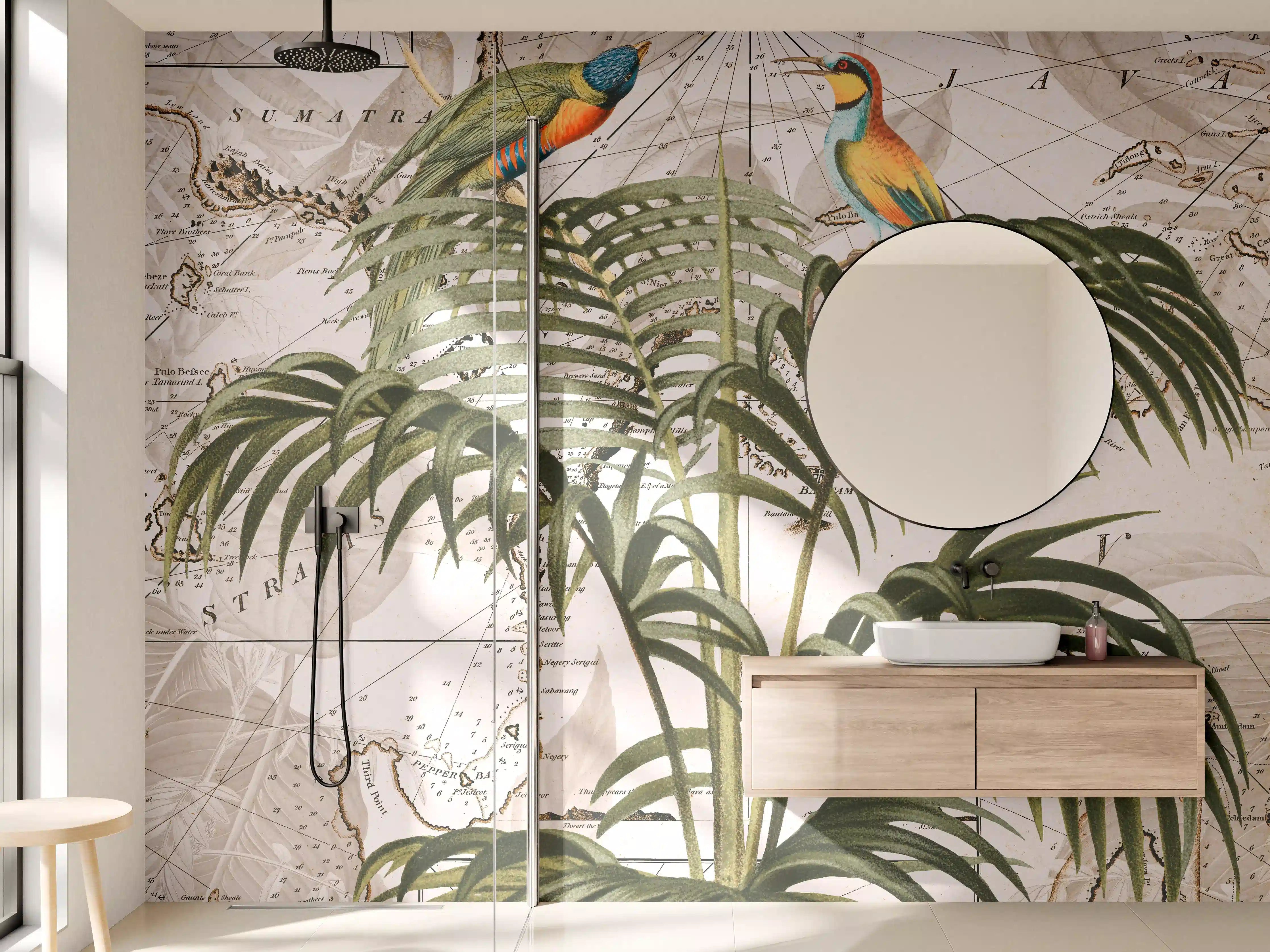 Wandverkleidung Bad - Tropisches Vogelportrait auf antiker Karte