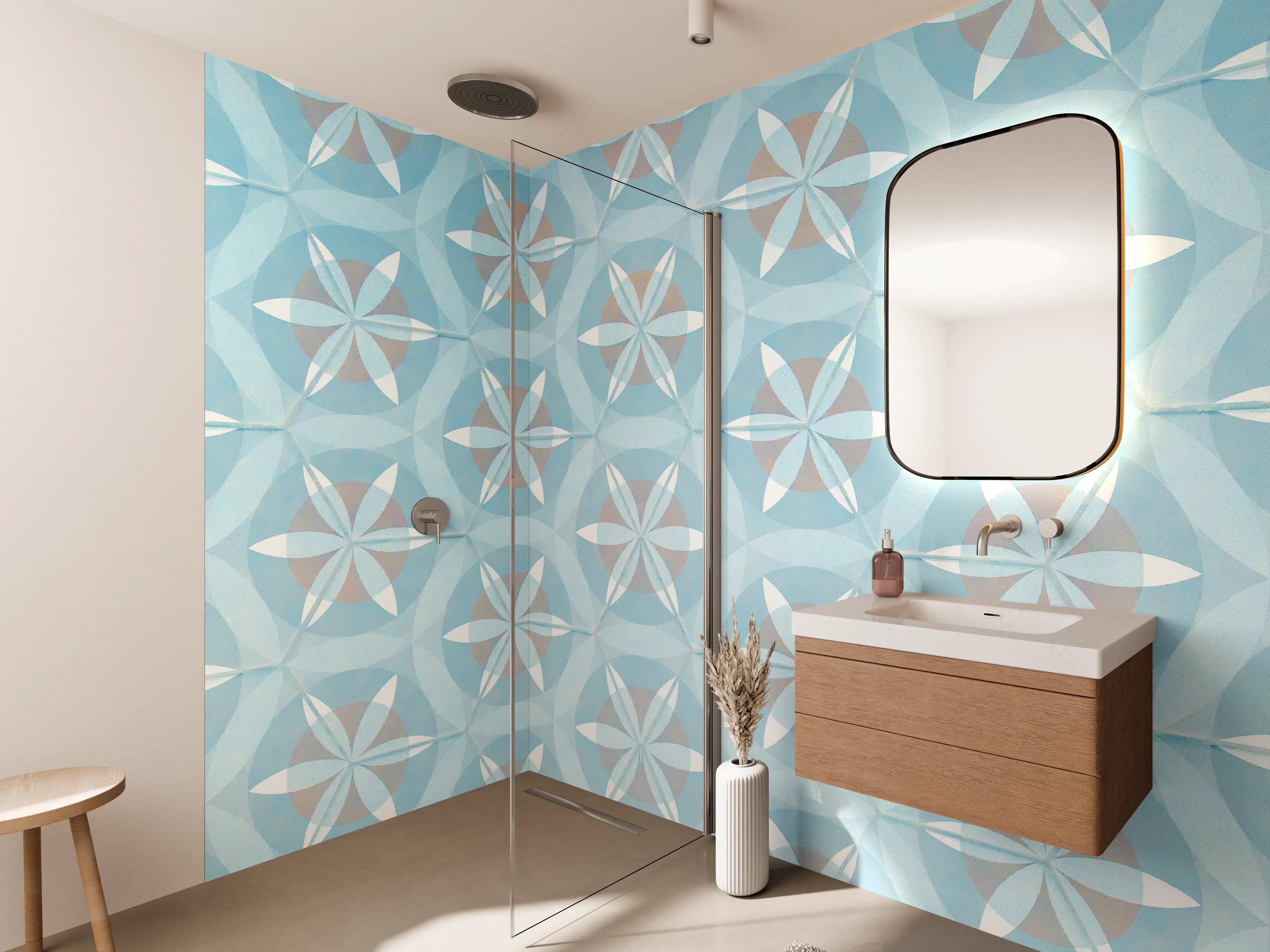 Wandverkleidung Bad - Türkis-Braun Vintage geometrisch Mosaik