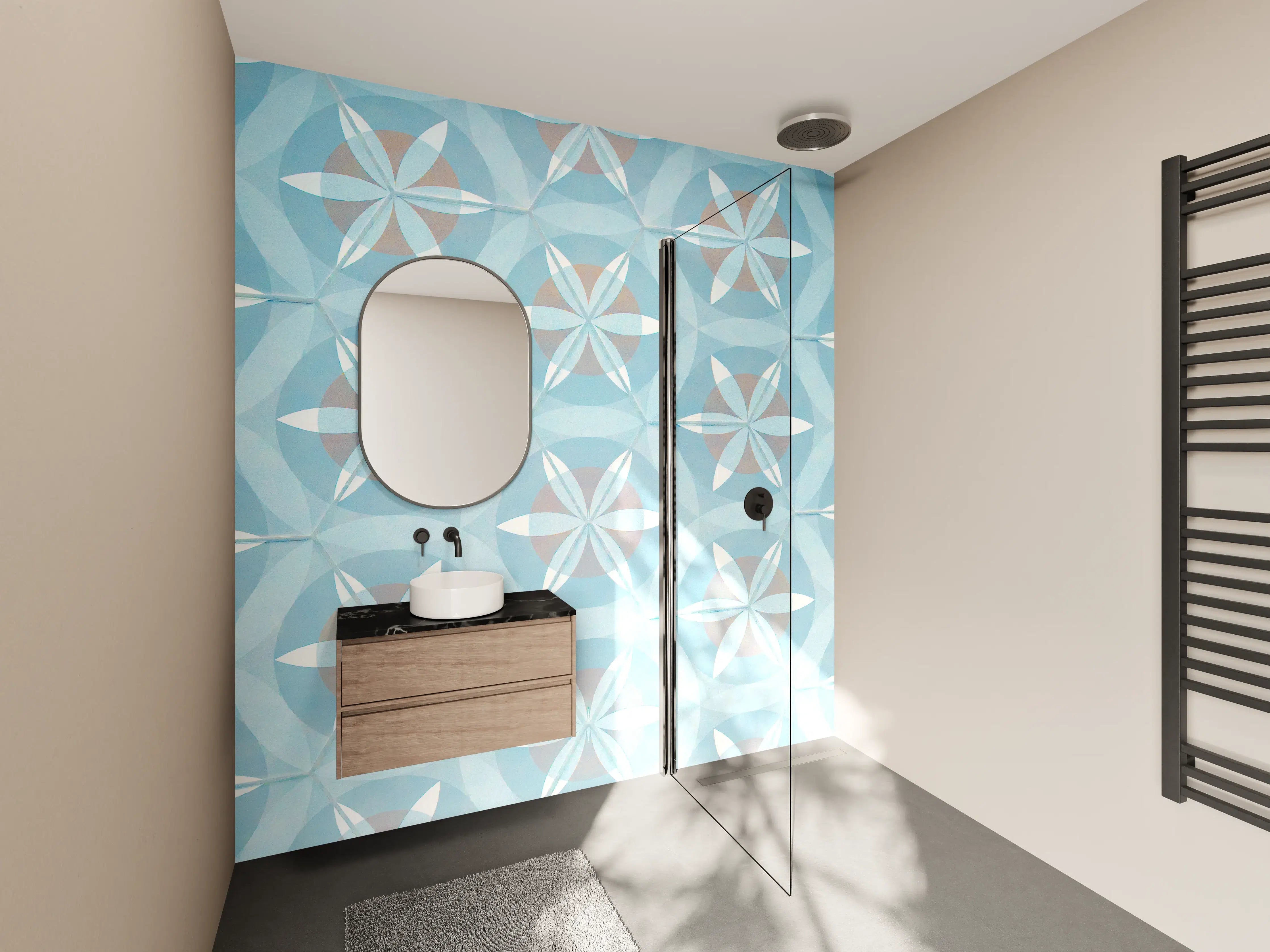 Wandverkleidung Bad - Türkis-Braun Vintage geometrisch Mosaik