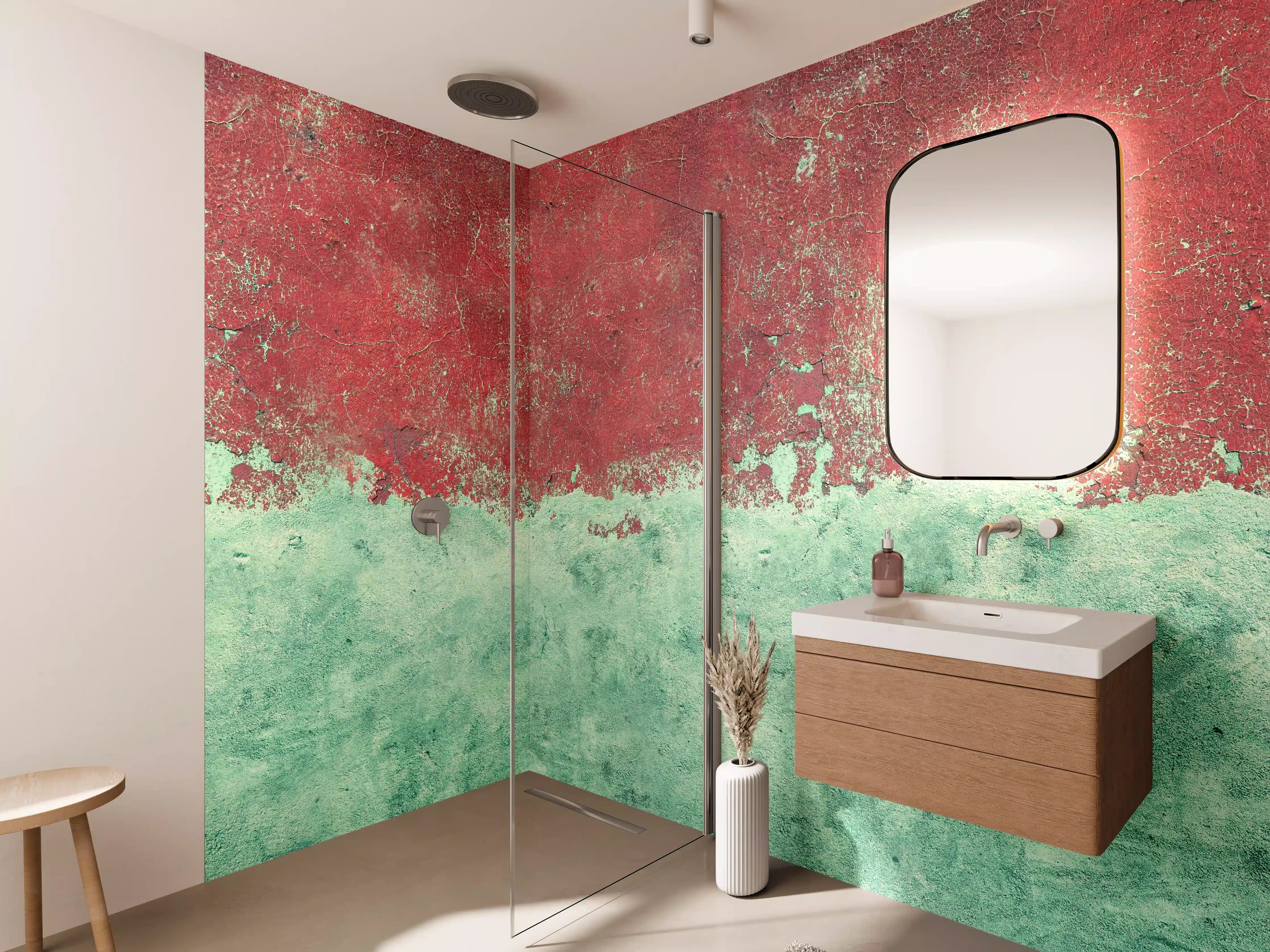 Wandverkleidung Bad - Türkis-rote Wand im Grunge-Stil