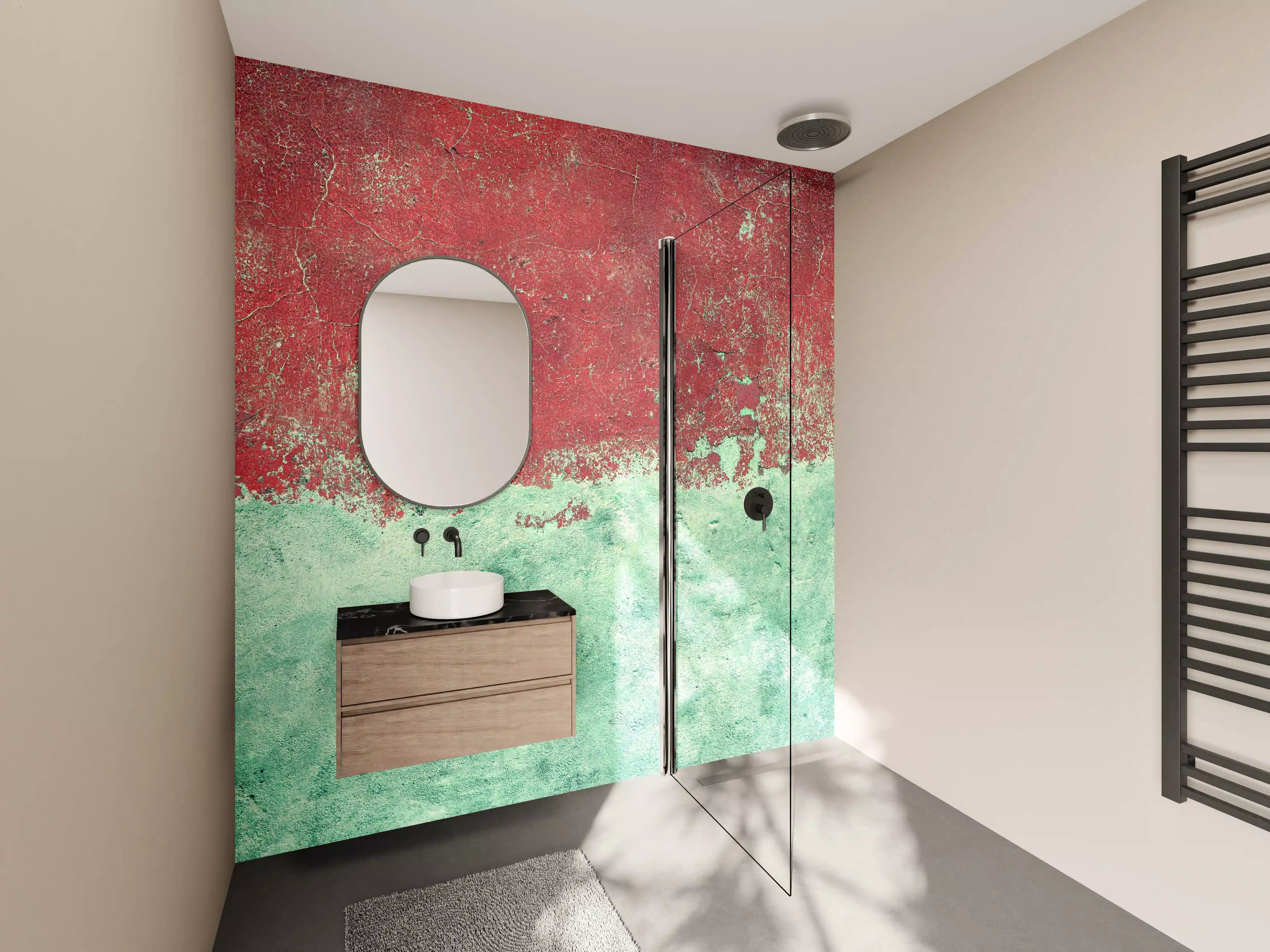 Wandverkleidung Bad - Türkis-rote Wand im Grunge-Stil