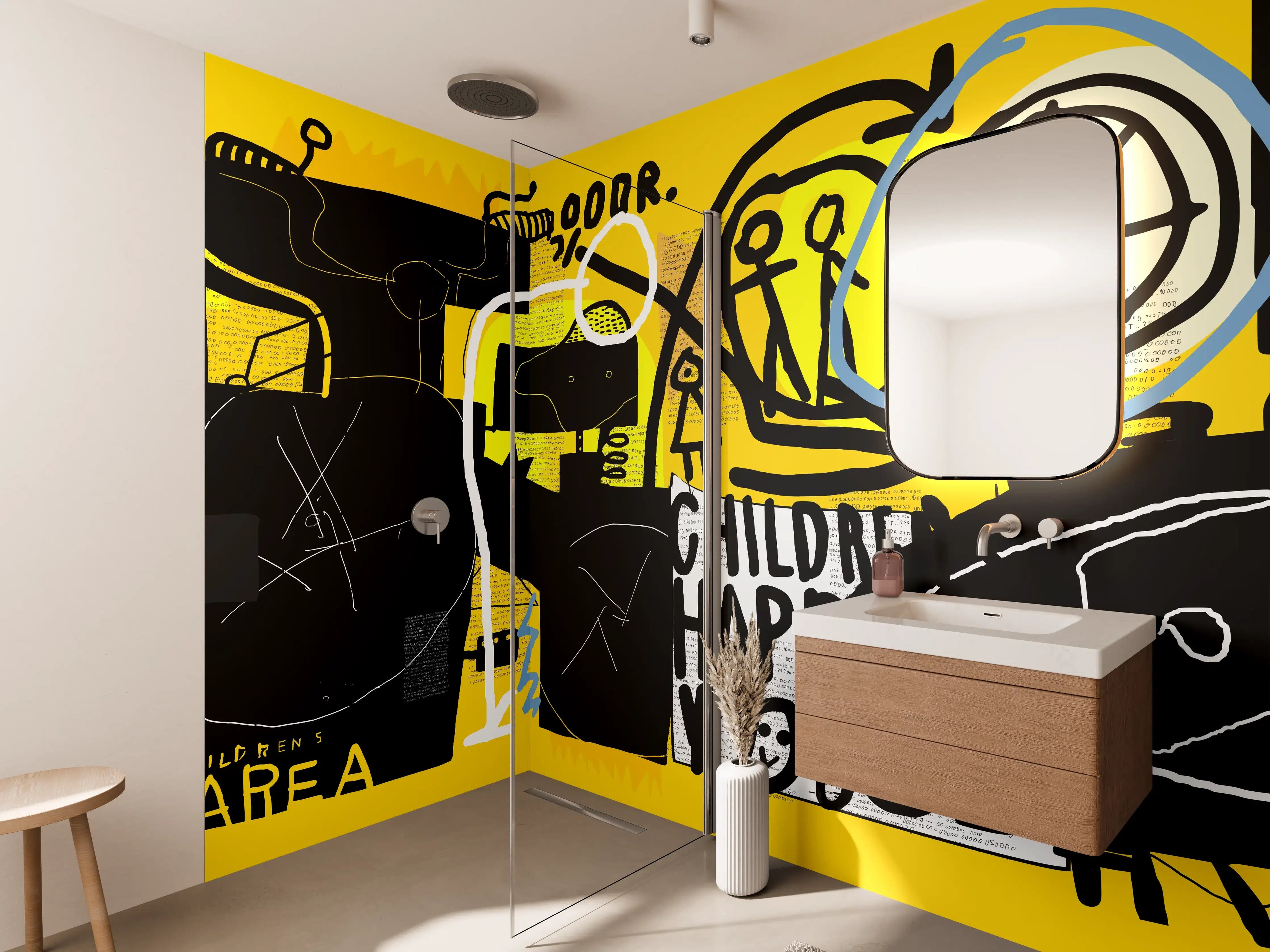 Wandverkleidung Bad - Urbanes Graffiti-Kunstwerk Gelb Schwarz