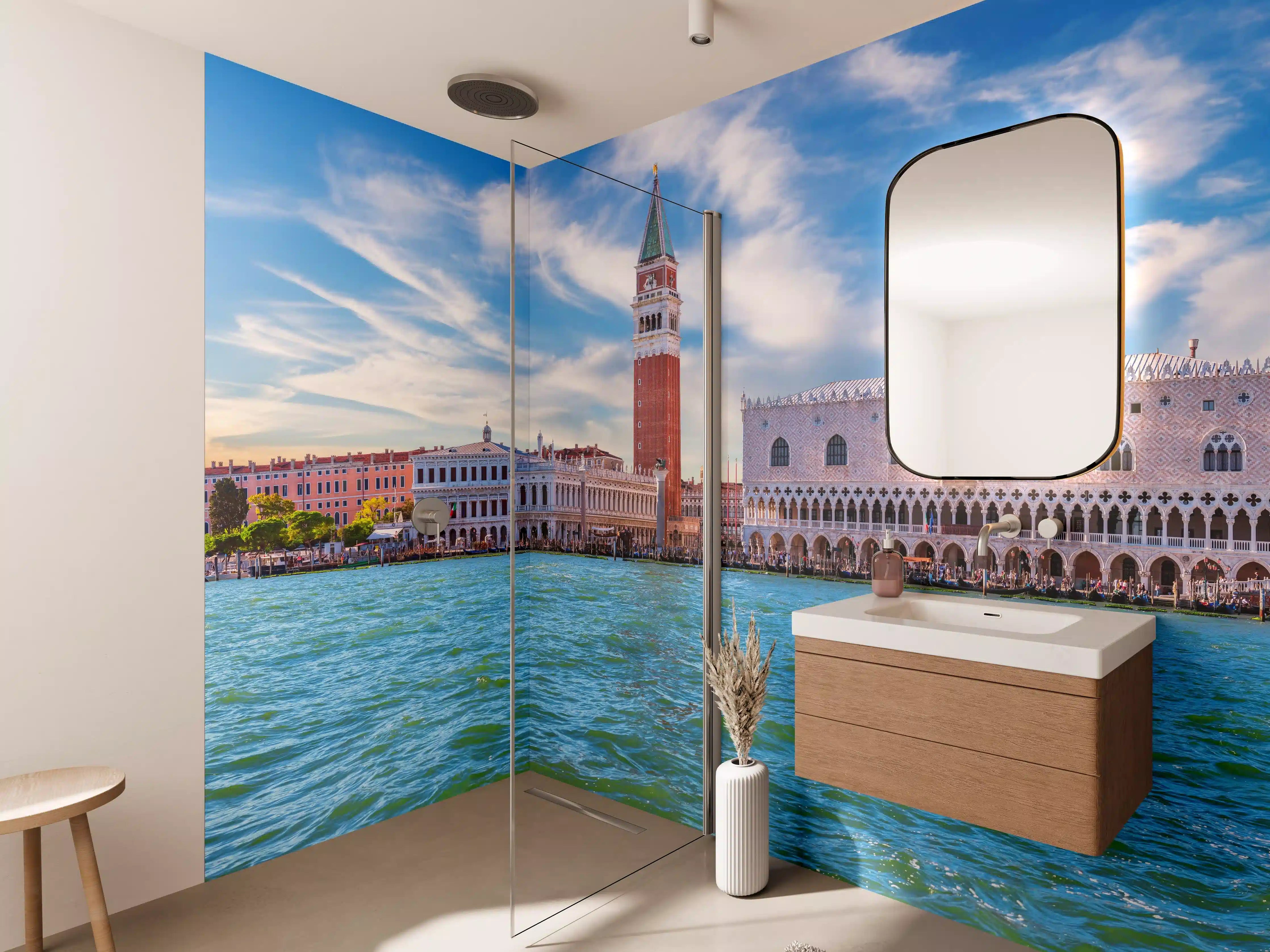Wandverkleidung Bad - Venedig Skyline Blau-Türkis