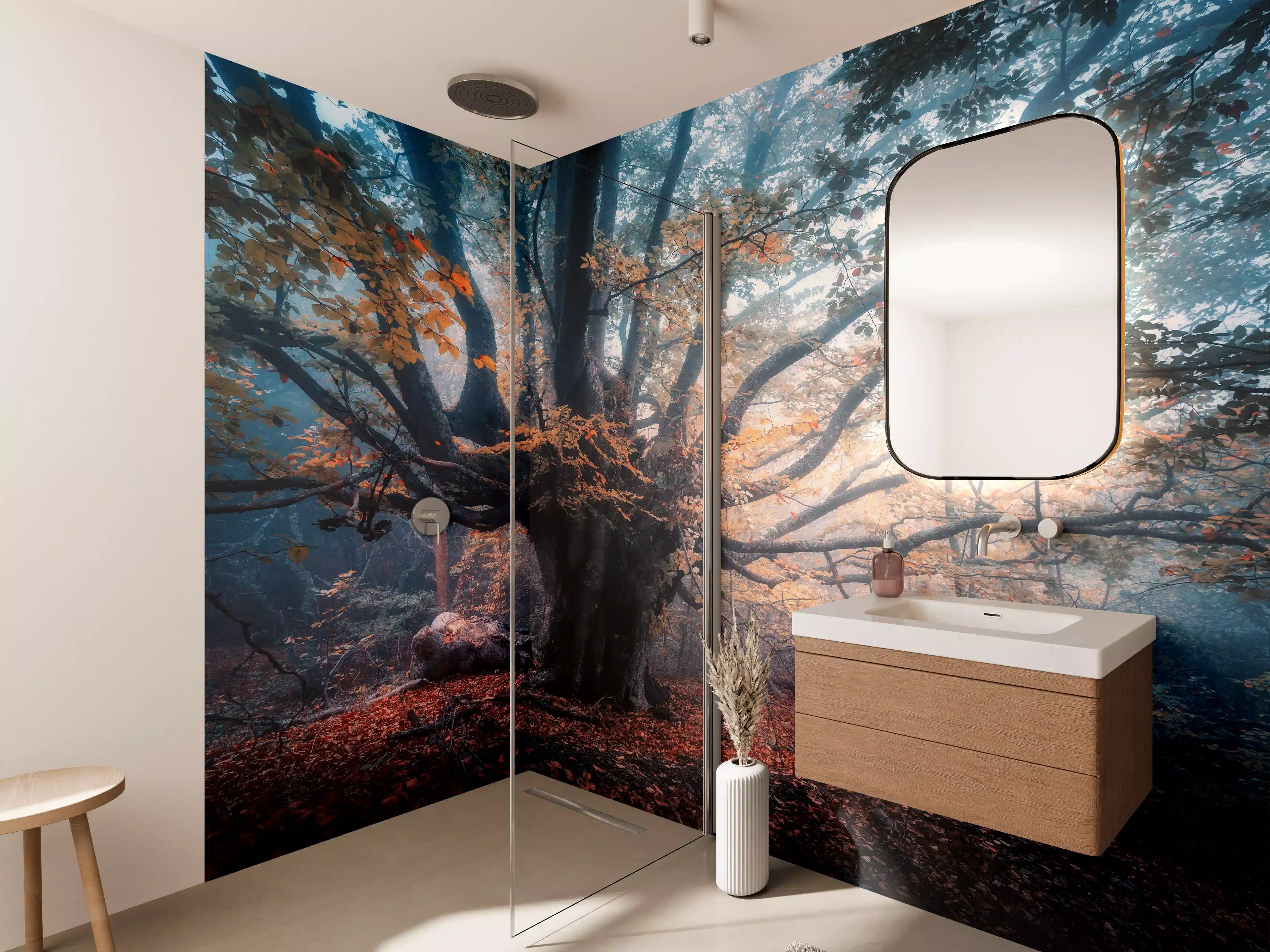 Wandverkleidung Bad - Verhüllter Herbstwald im Grau-weißen Licht