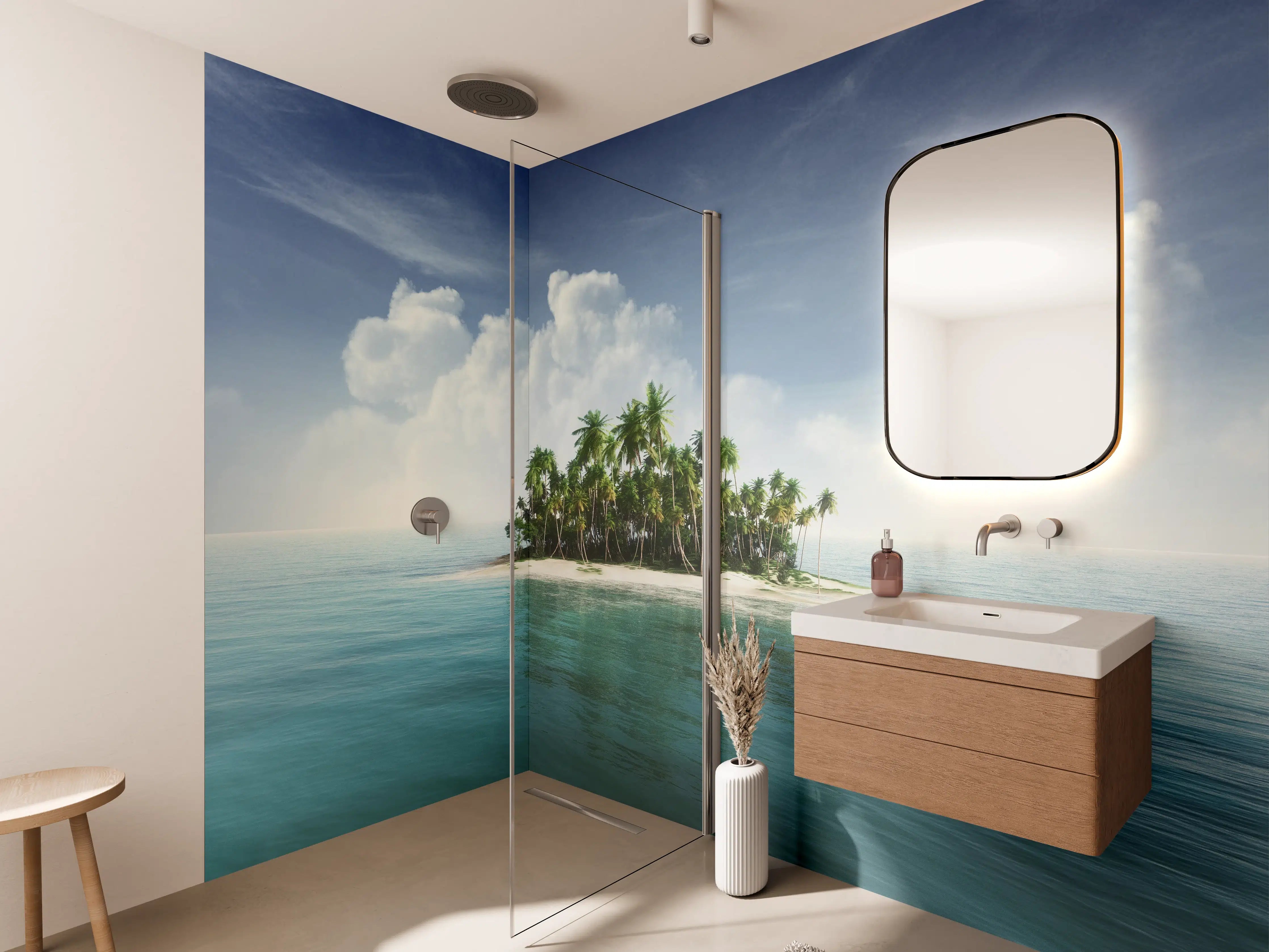 Wandverkleidung Bad - Verwitterte Palmeninsel im Grauweiß