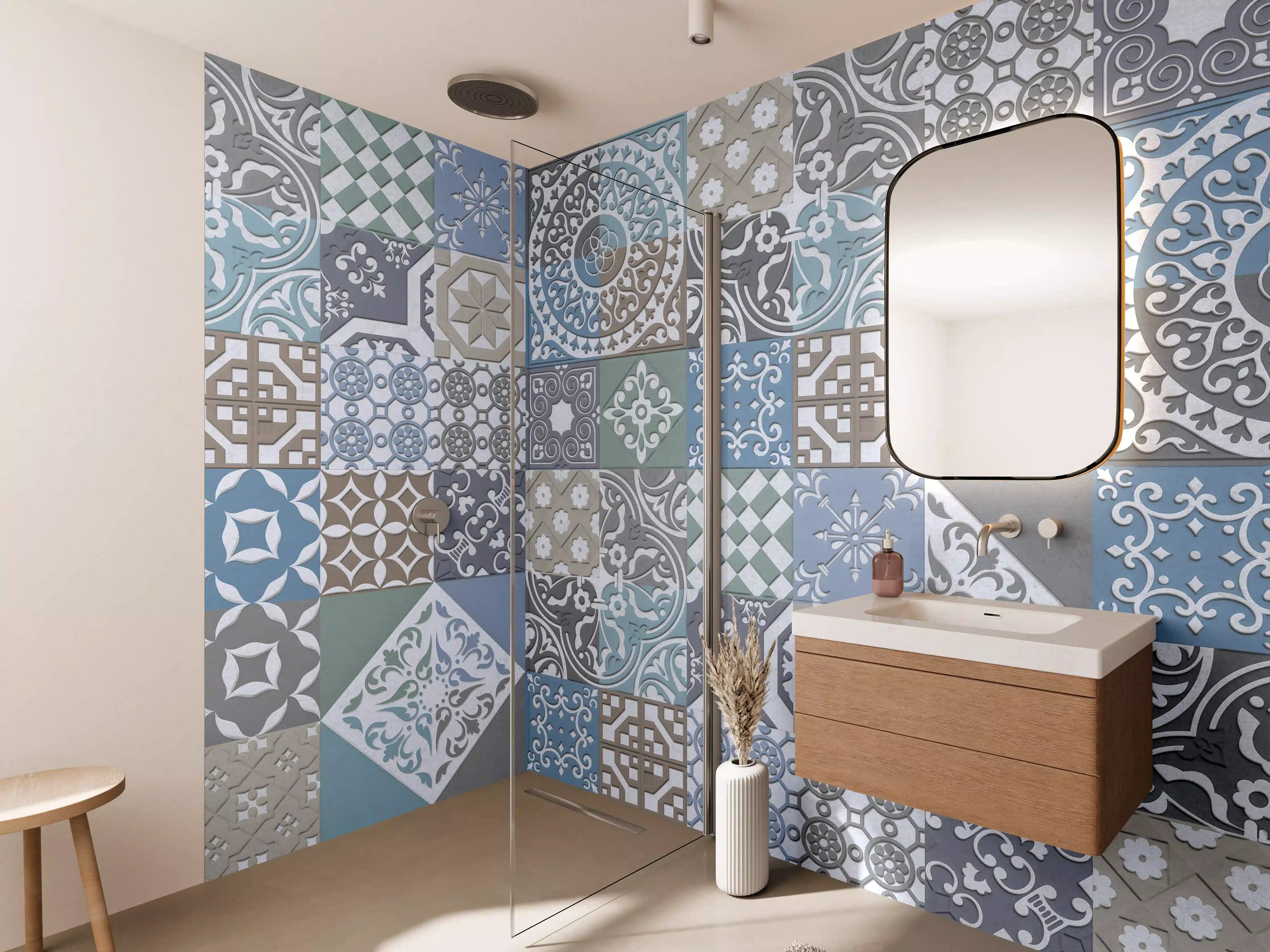 Wandverkleidung Bad - Vielseitige Fliesenmuster in Blau, Grau und Grün