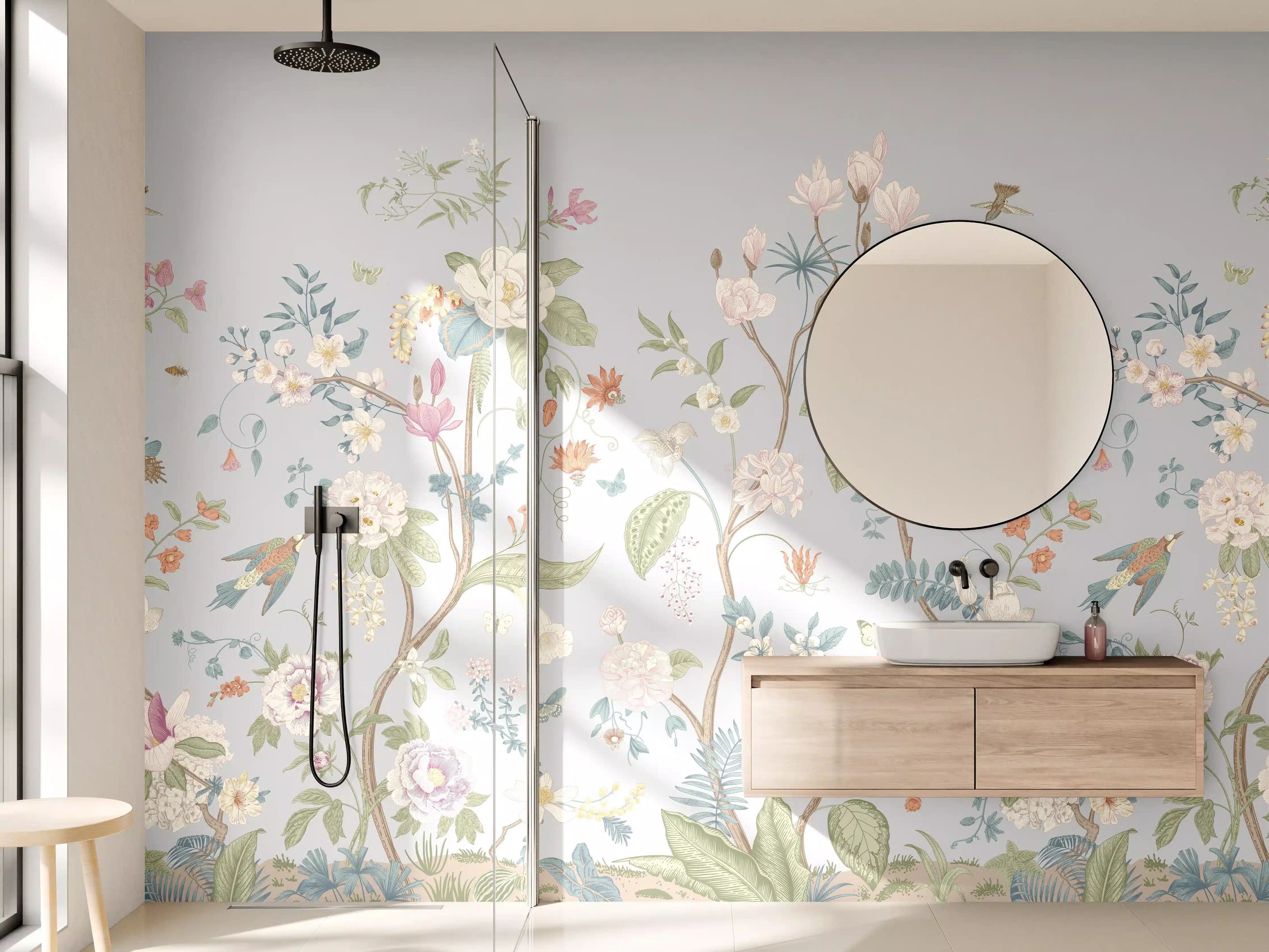 Wandverkleidung Bad - Vintage Bloom Blumenbordüre Grau-Rosa