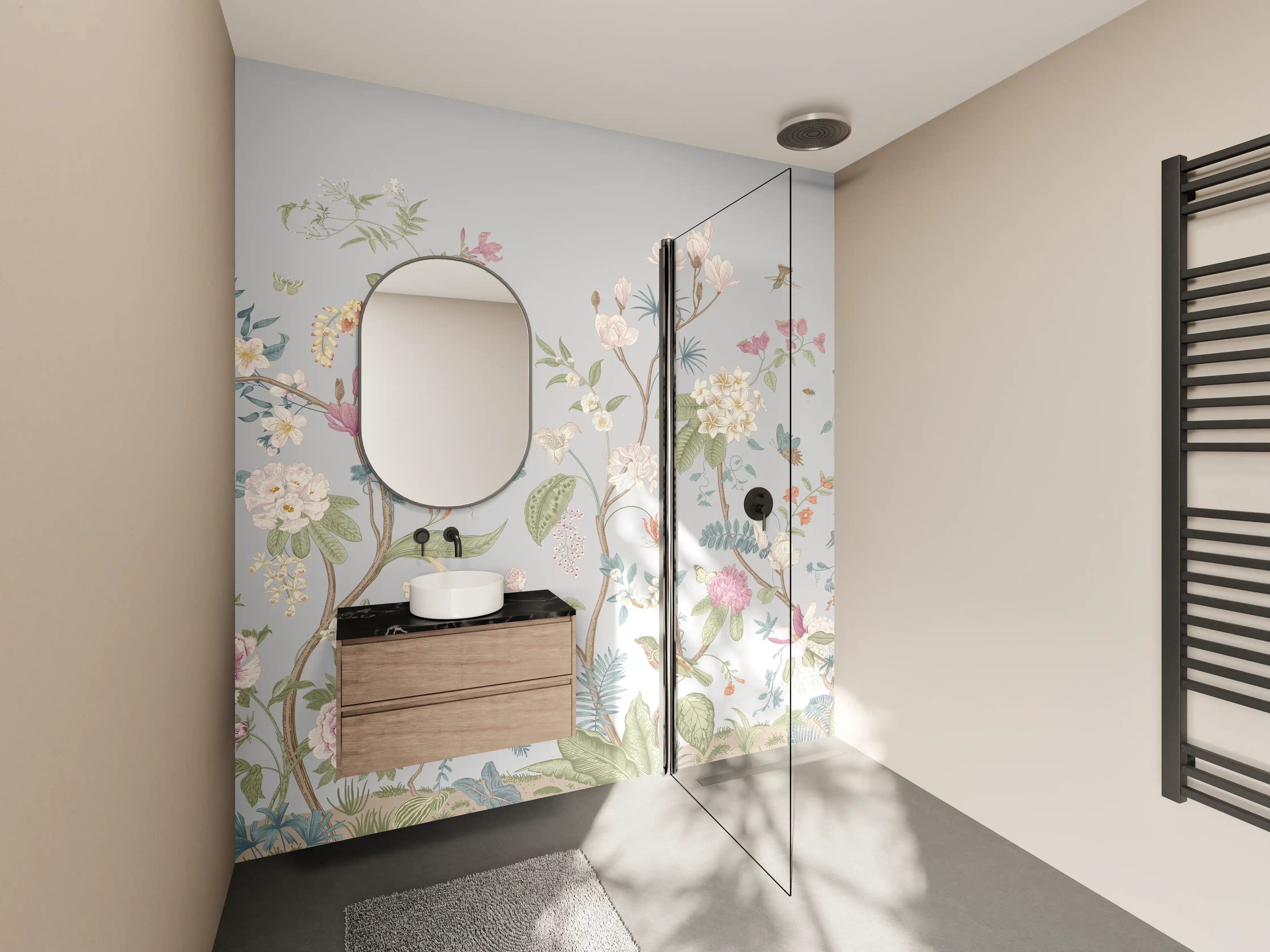 Wandverkleidung Bad - Vintage Bloom Blumenbordüre Grau-Rosa