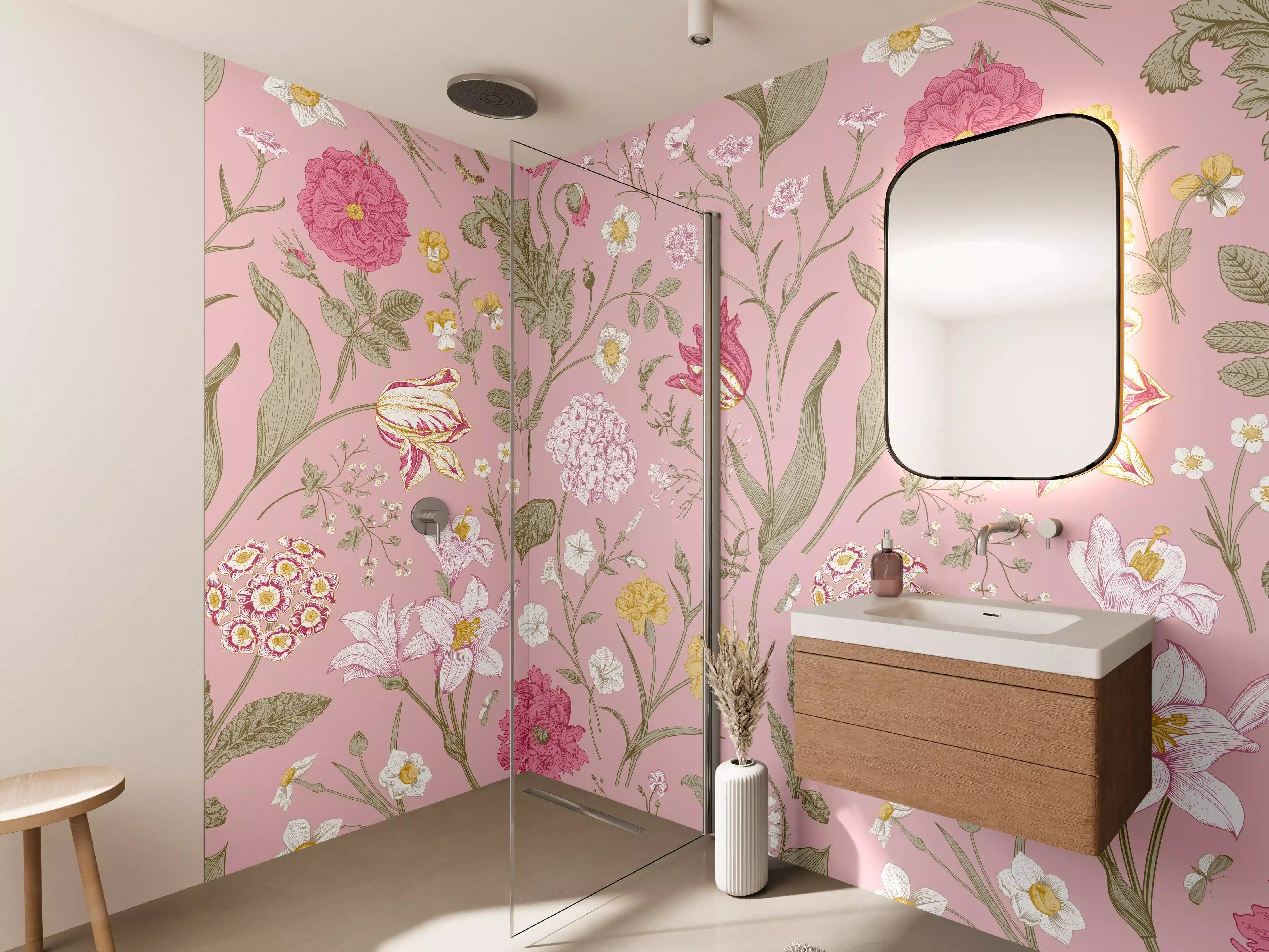 Wandverkleidung Bad - Vintage Bloom Rosa Blumenmuster