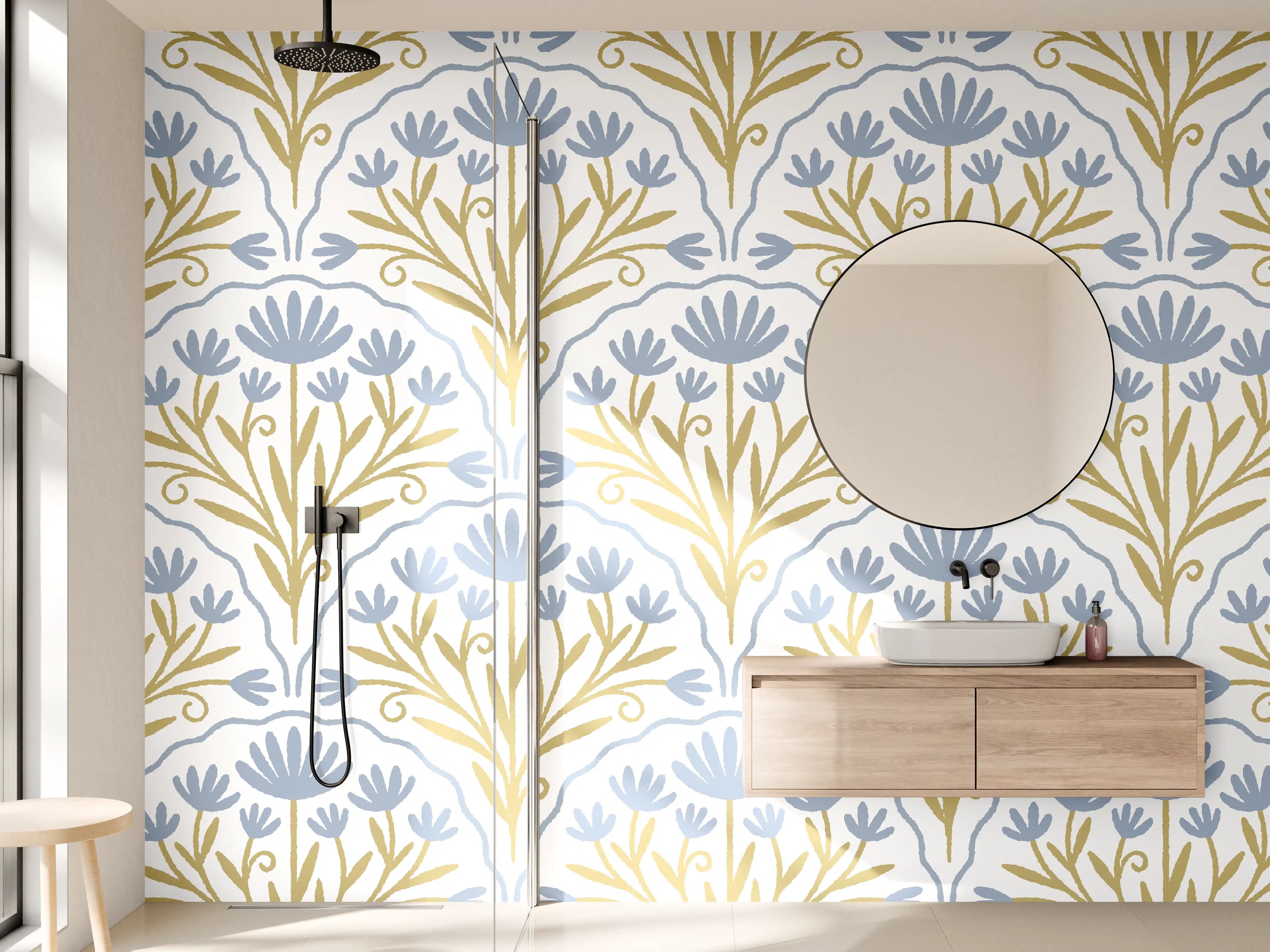 Wandverkleidung Bad - Vintage Bloom Tapete Blau-Weiß