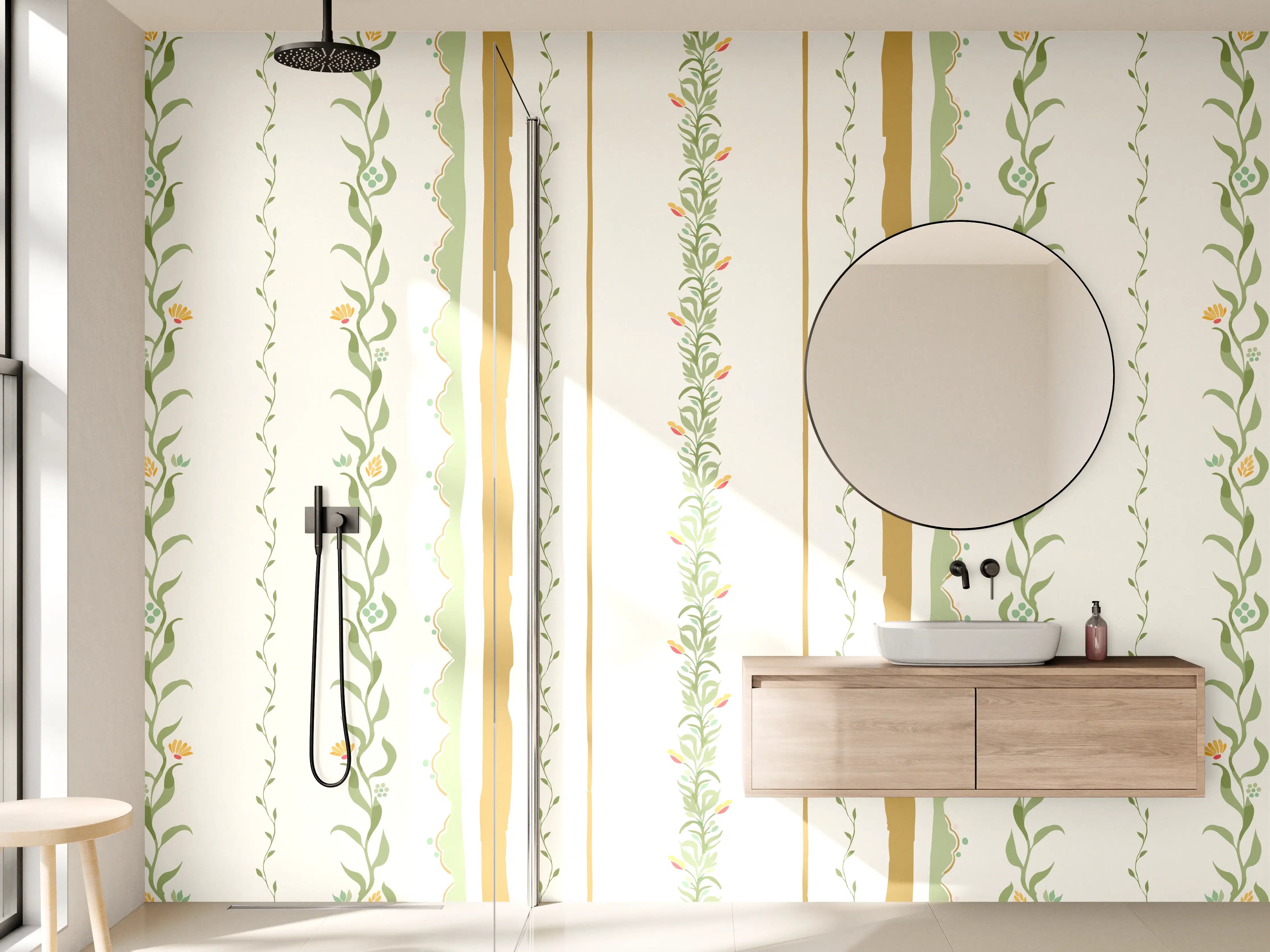 Wandverkleidung Bad - Vintage-Blumen Tapete Beige-Grün