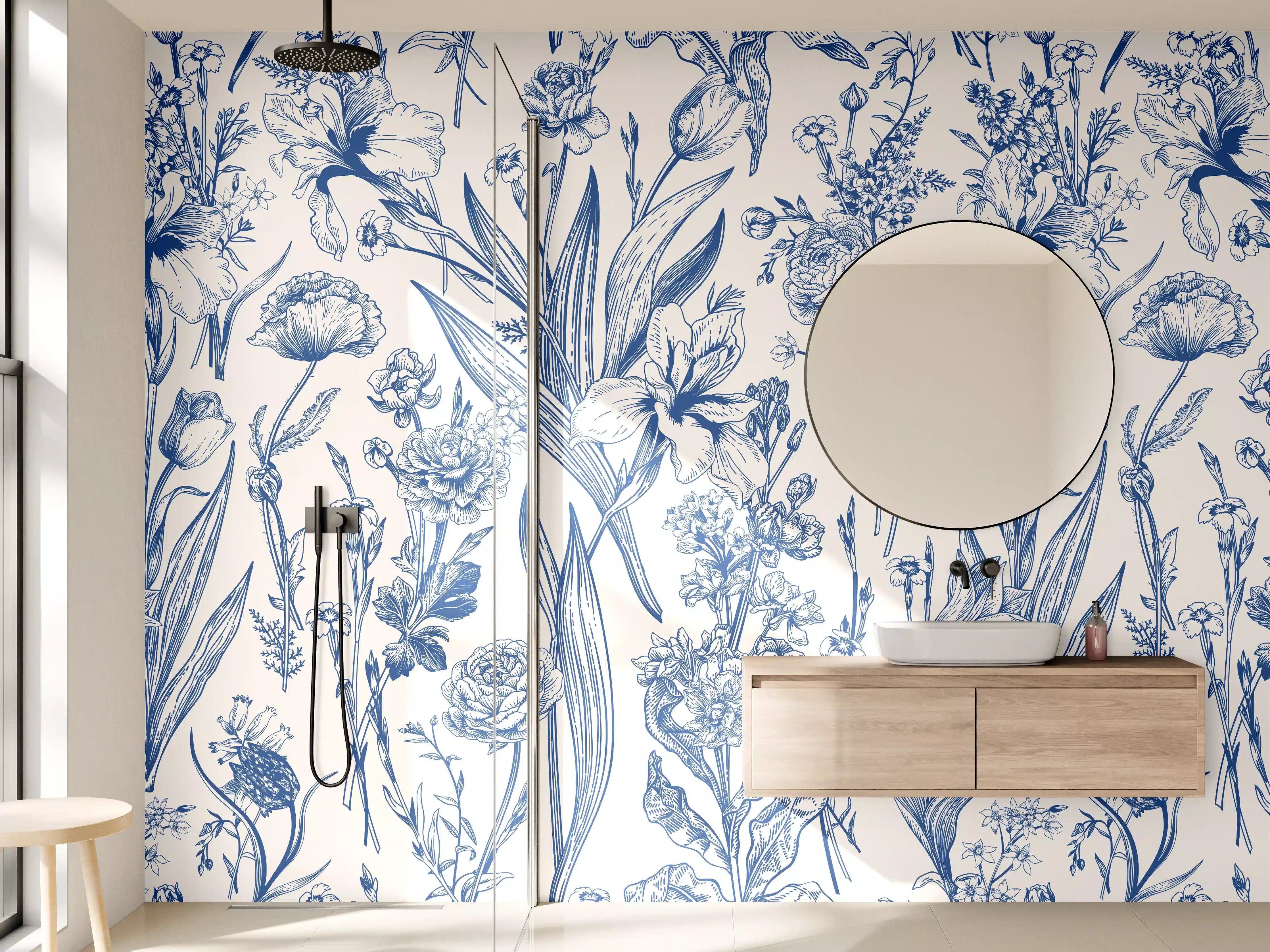 Wandverkleidung Bad - Vintage-Blumenmuster Azurblau