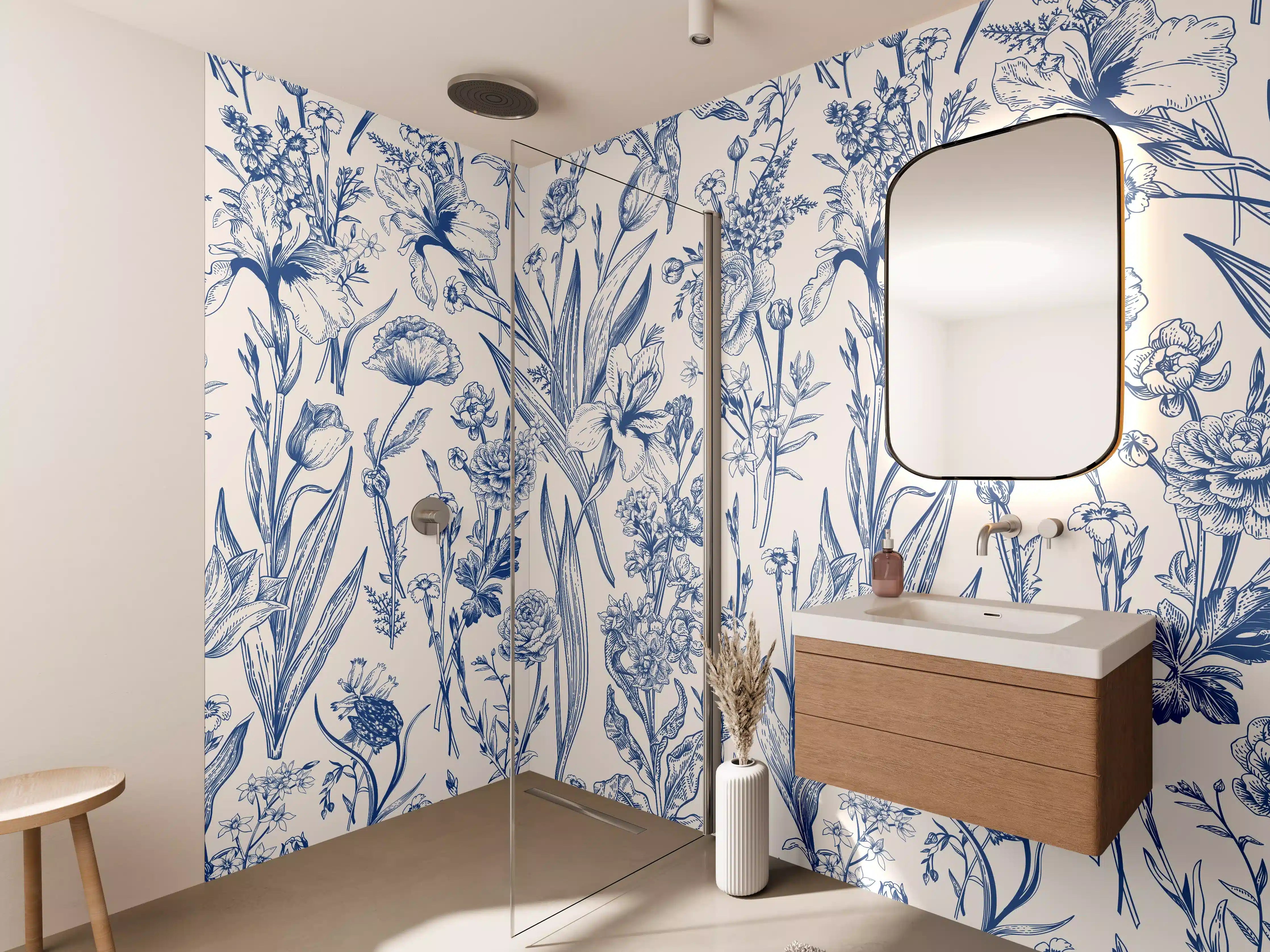 Wandverkleidung Bad - Vintage-Blumenmuster Azurblau