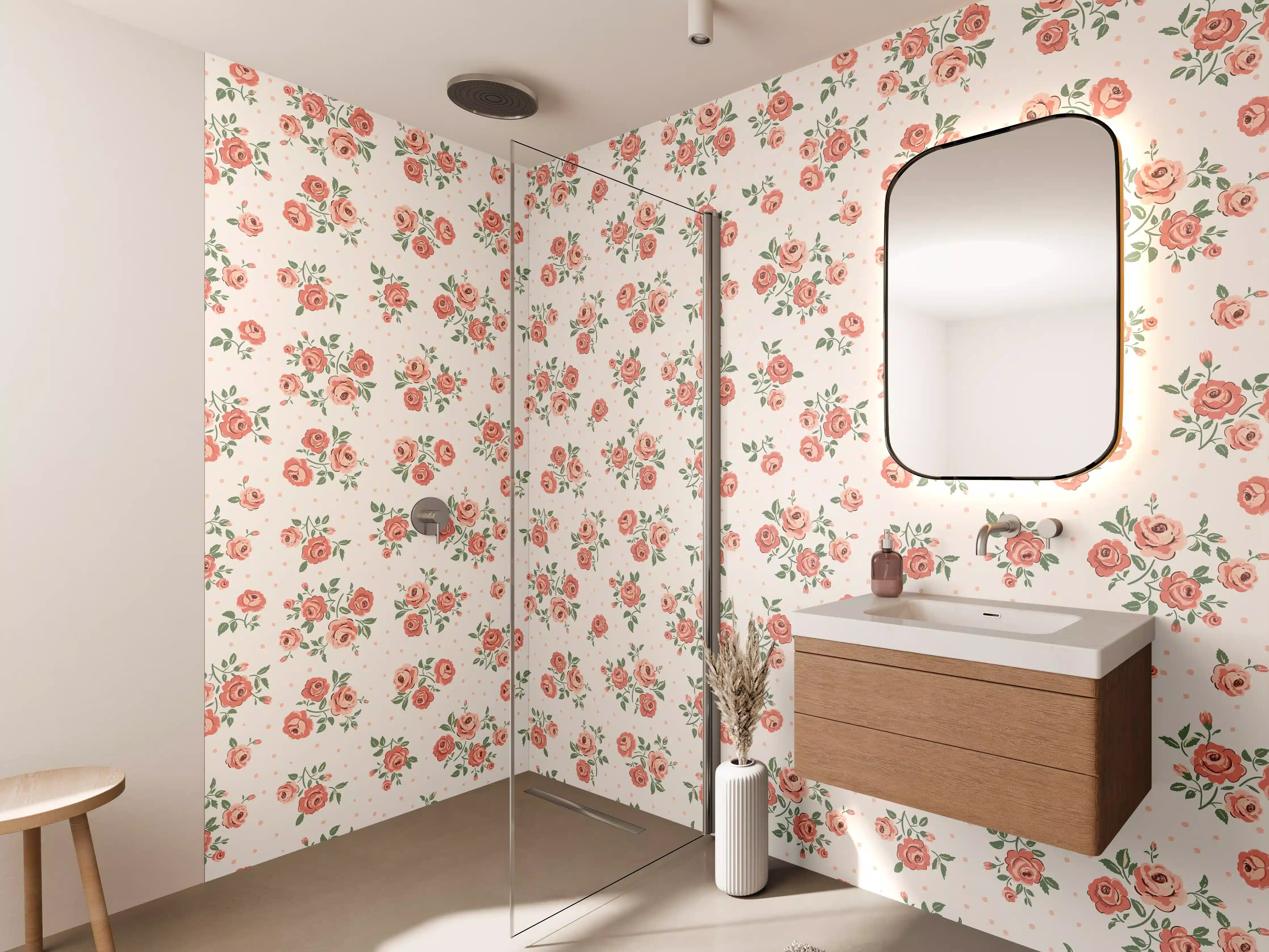 Wandverkleidung Bad - Vintage Ditsy Rosenmuster Rosa-Beige