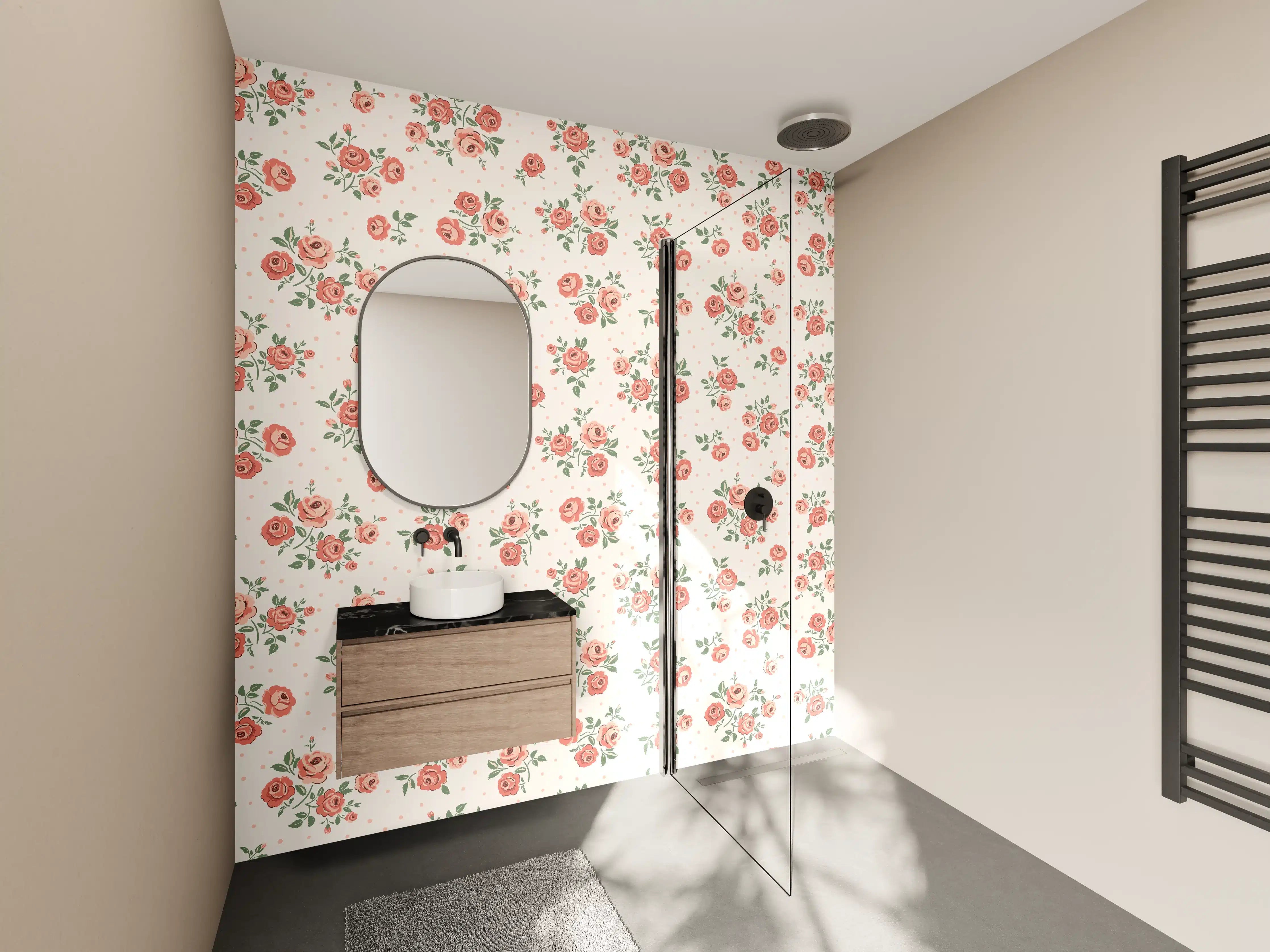 Wandverkleidung Bad - Vintage Ditsy Rosenmuster Rosa-Beige