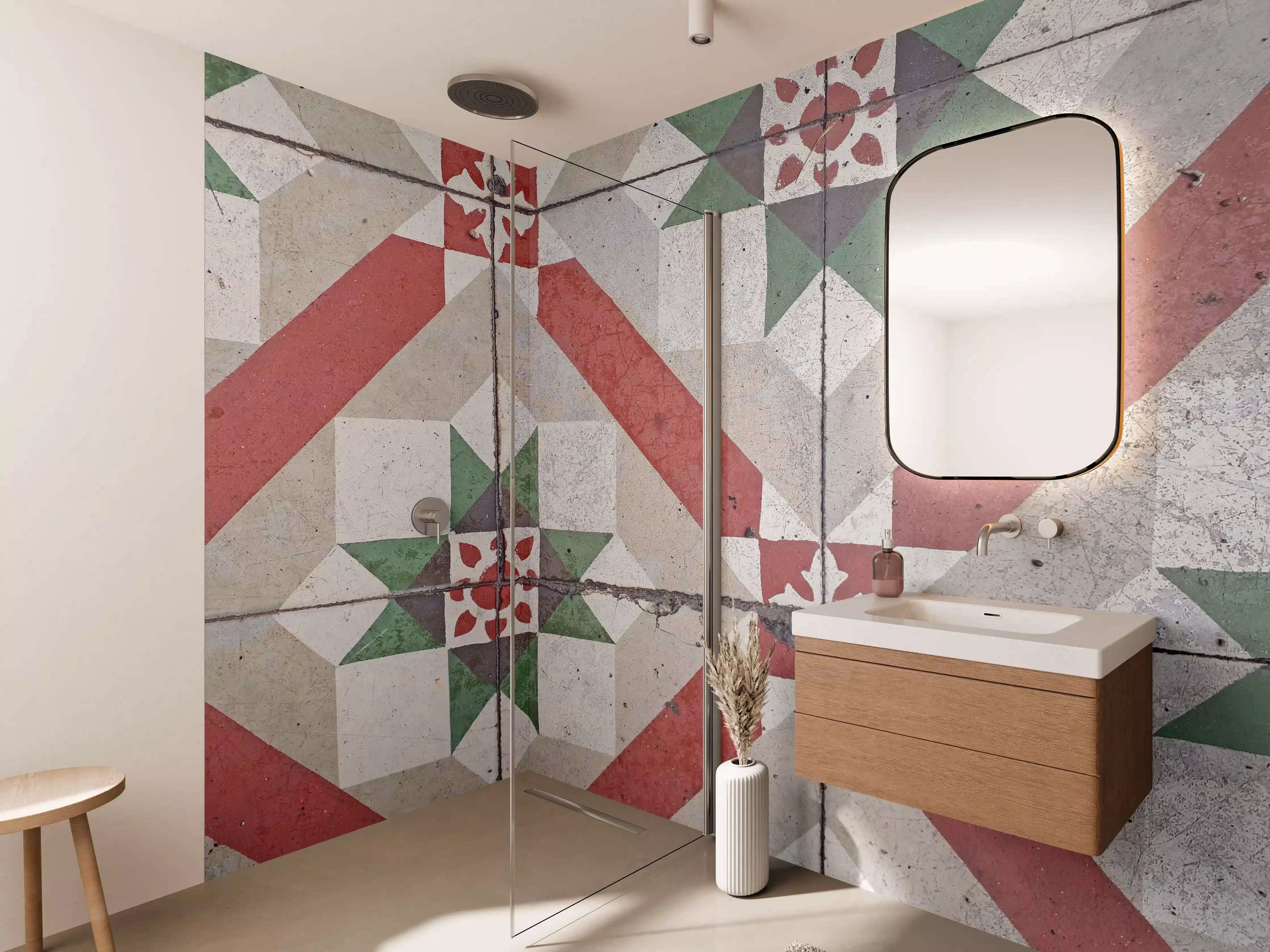 Wandverkleidung Bad - Vintage-Fliesenmuster mit rotem, grünem und beige Farbton