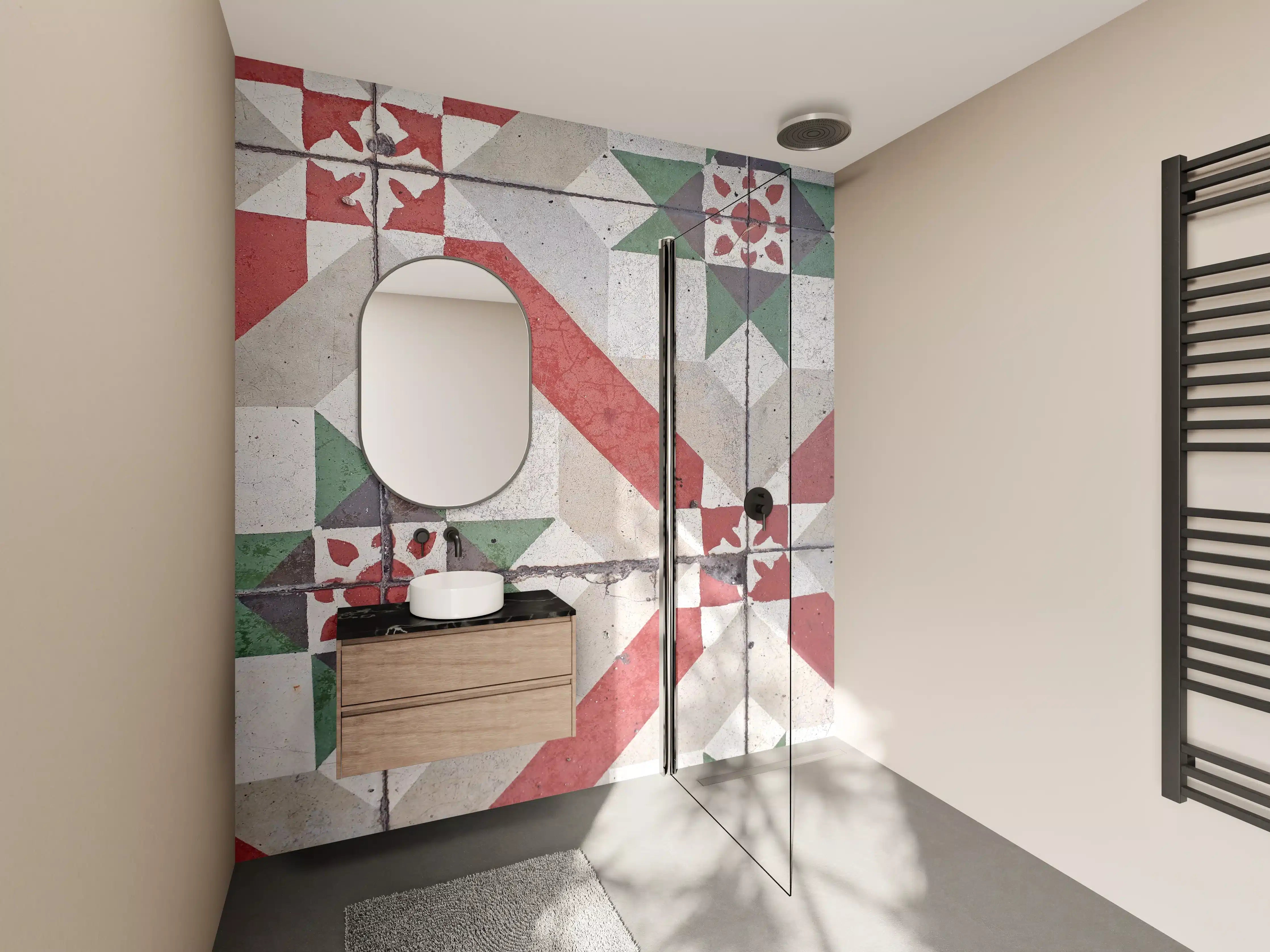 Wandverkleidung Bad - Vintage-Fliesenmuster mit rotem, grünem und beige Farbton