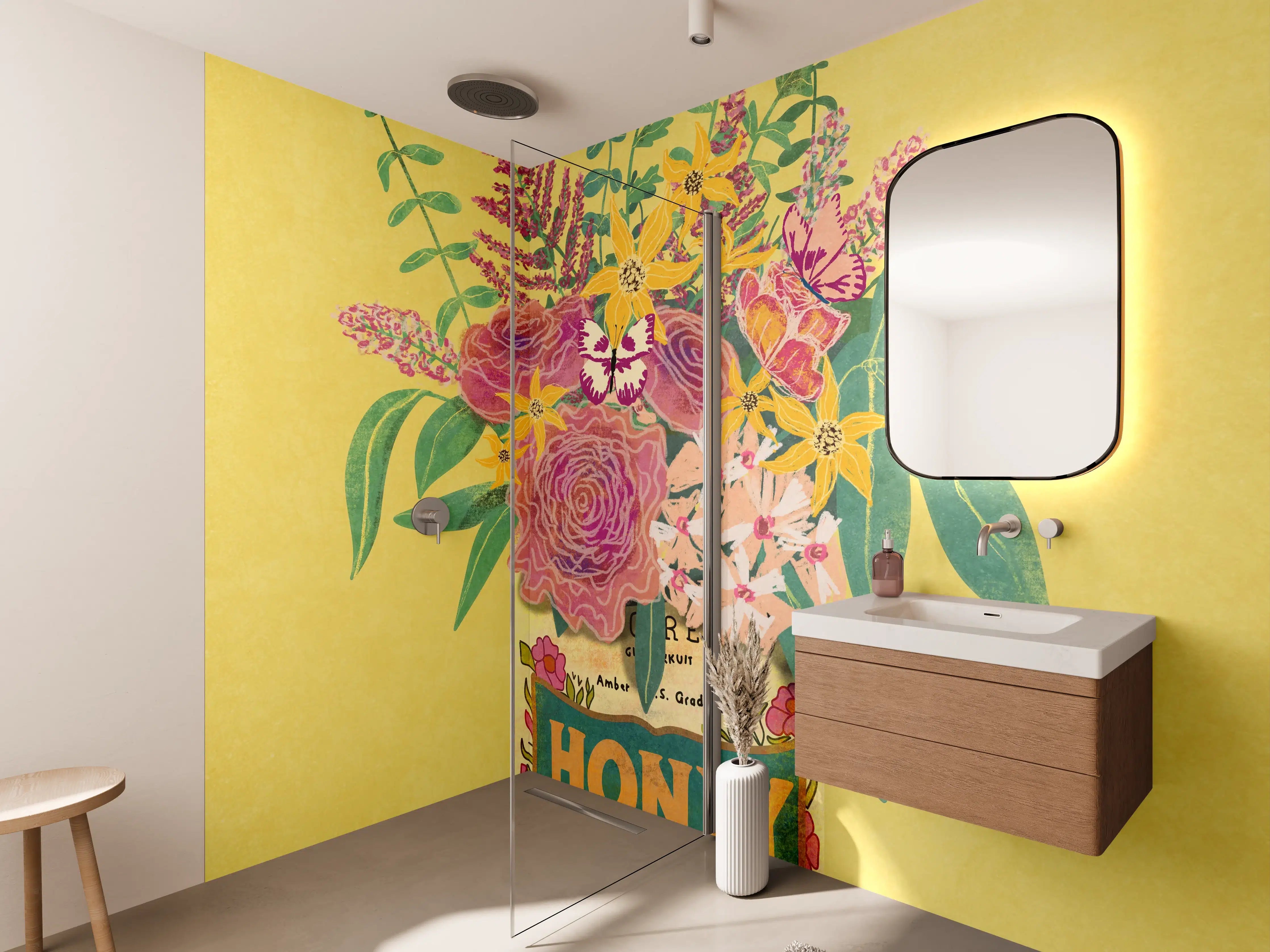 Wandverkleidung Bad - Vintage-Gelb Blumen Honigdose