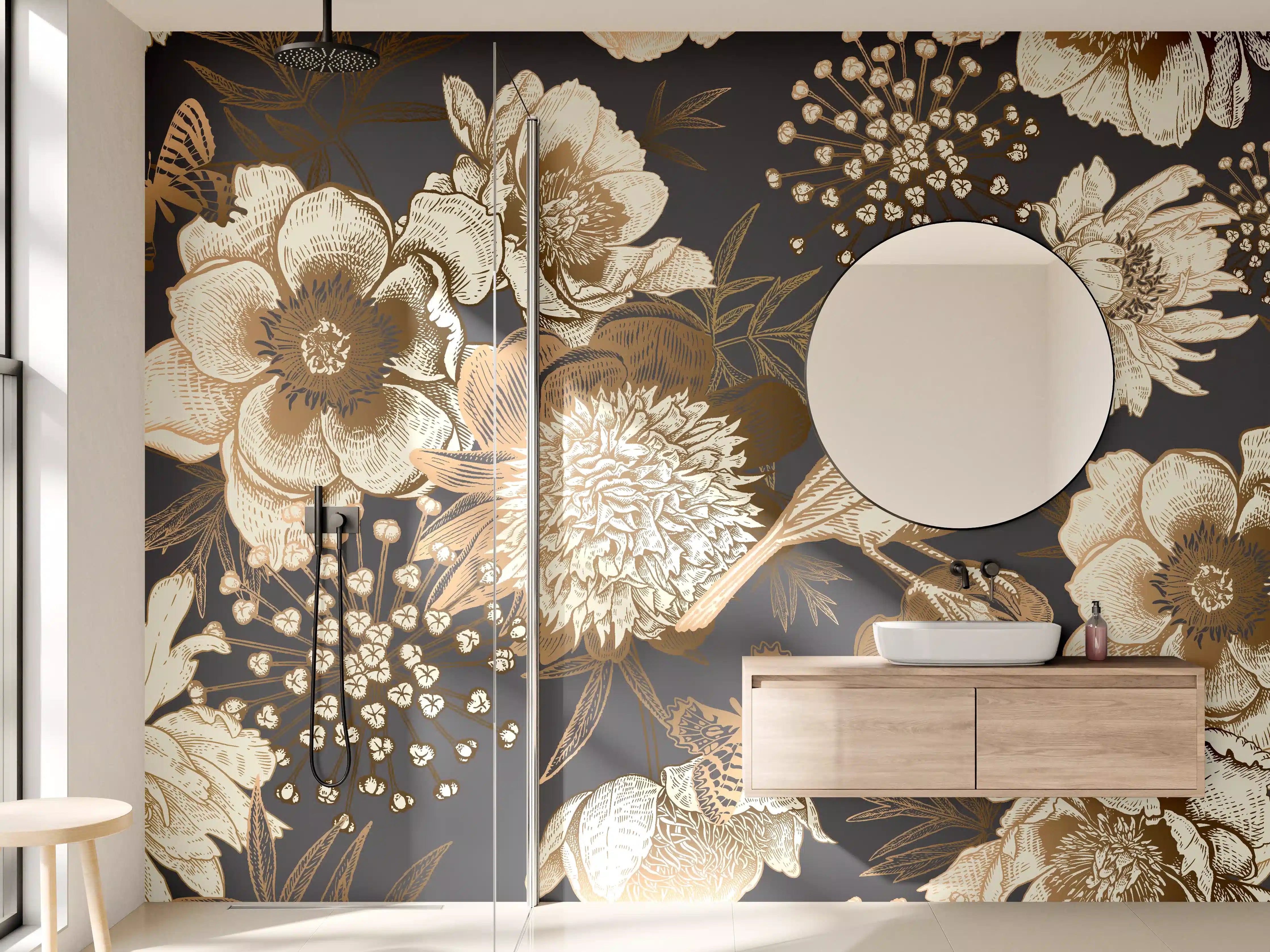 Wandverkleidung Bad - Vintage Goldbraun Pfauenmuster