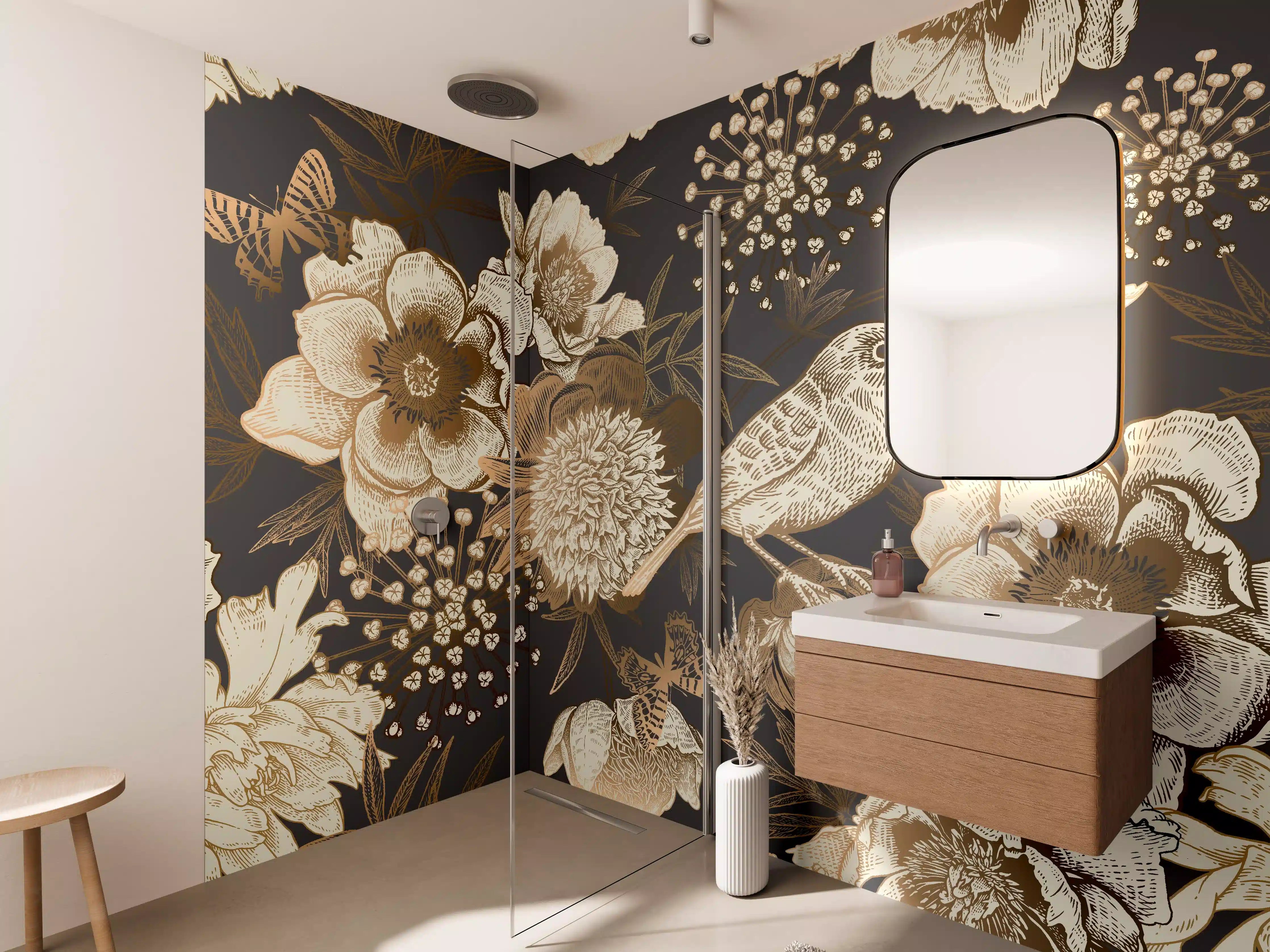 Wandverkleidung Bad - Vintage Goldbraun Pfauenmuster
