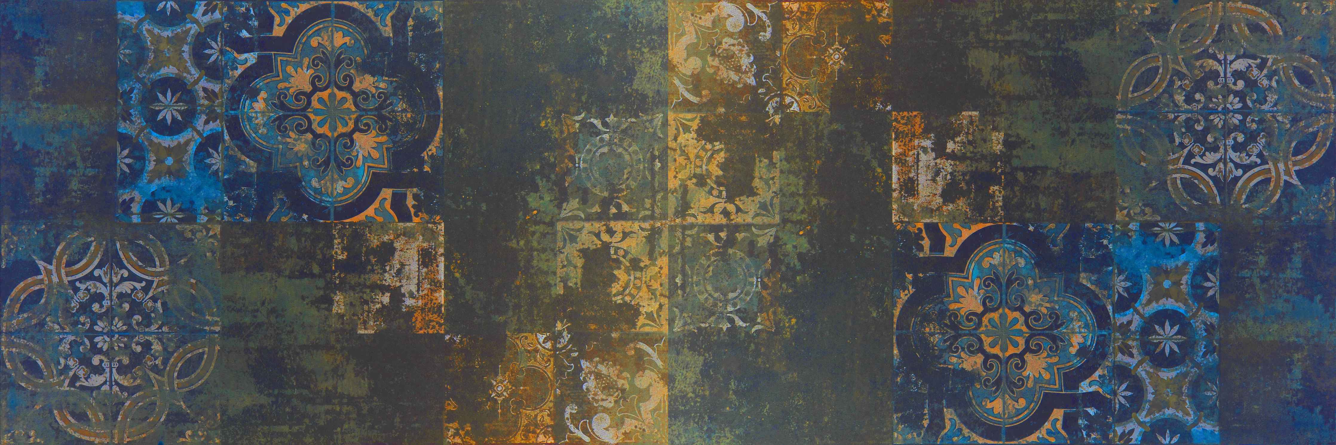 Wandverkleidung Bad-Vintage Steinfliesen in Blau-Gold