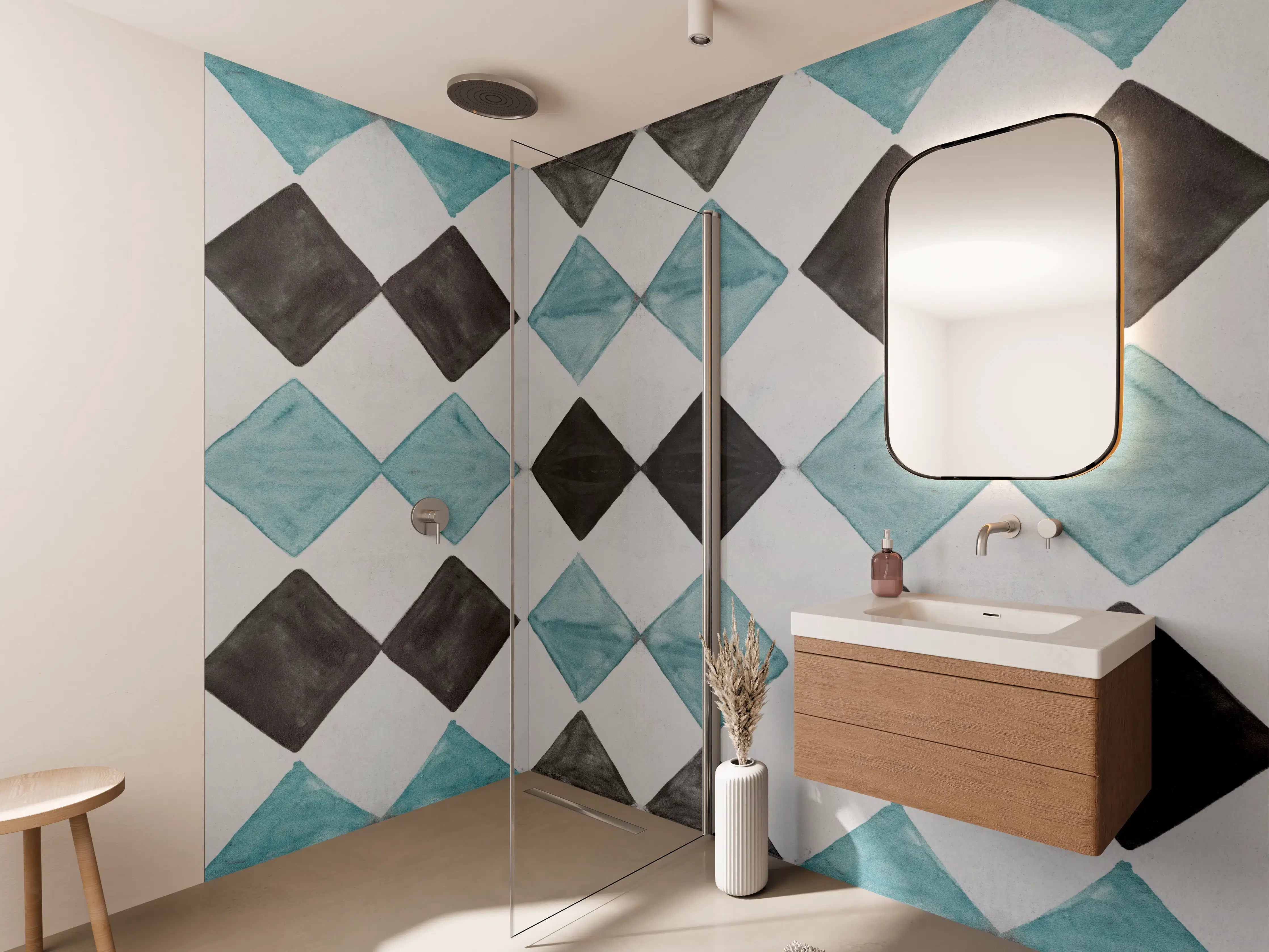 Wandverkleidung Bad - Vintage-Türkis-Schwarz-Weiß-Mosaik