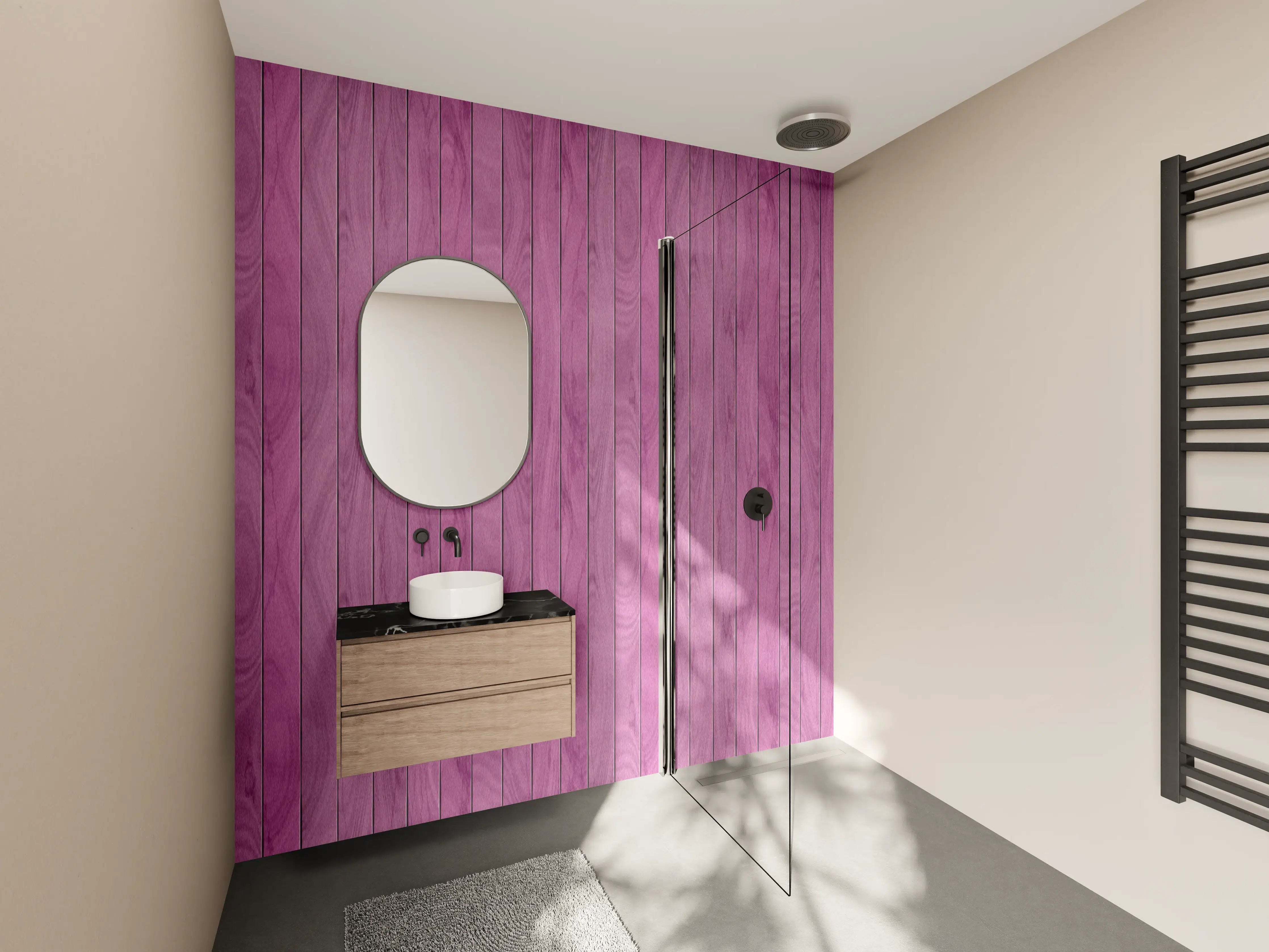 Wandverkleidung Bad - Violette Holzwand mit natürlicher Maserung