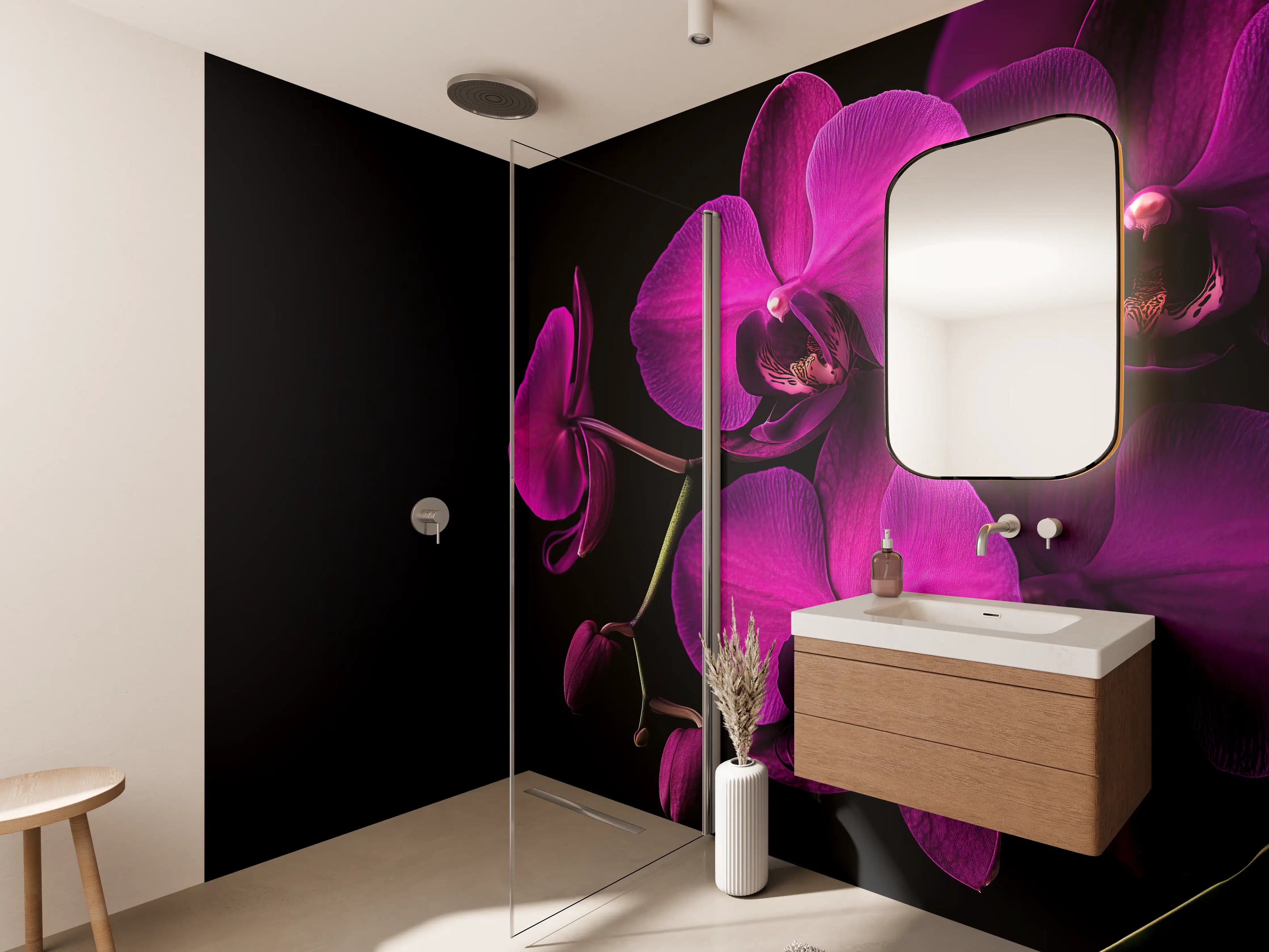 Wandverkleidung Bad - Violette Orchideen auf Schwarz
