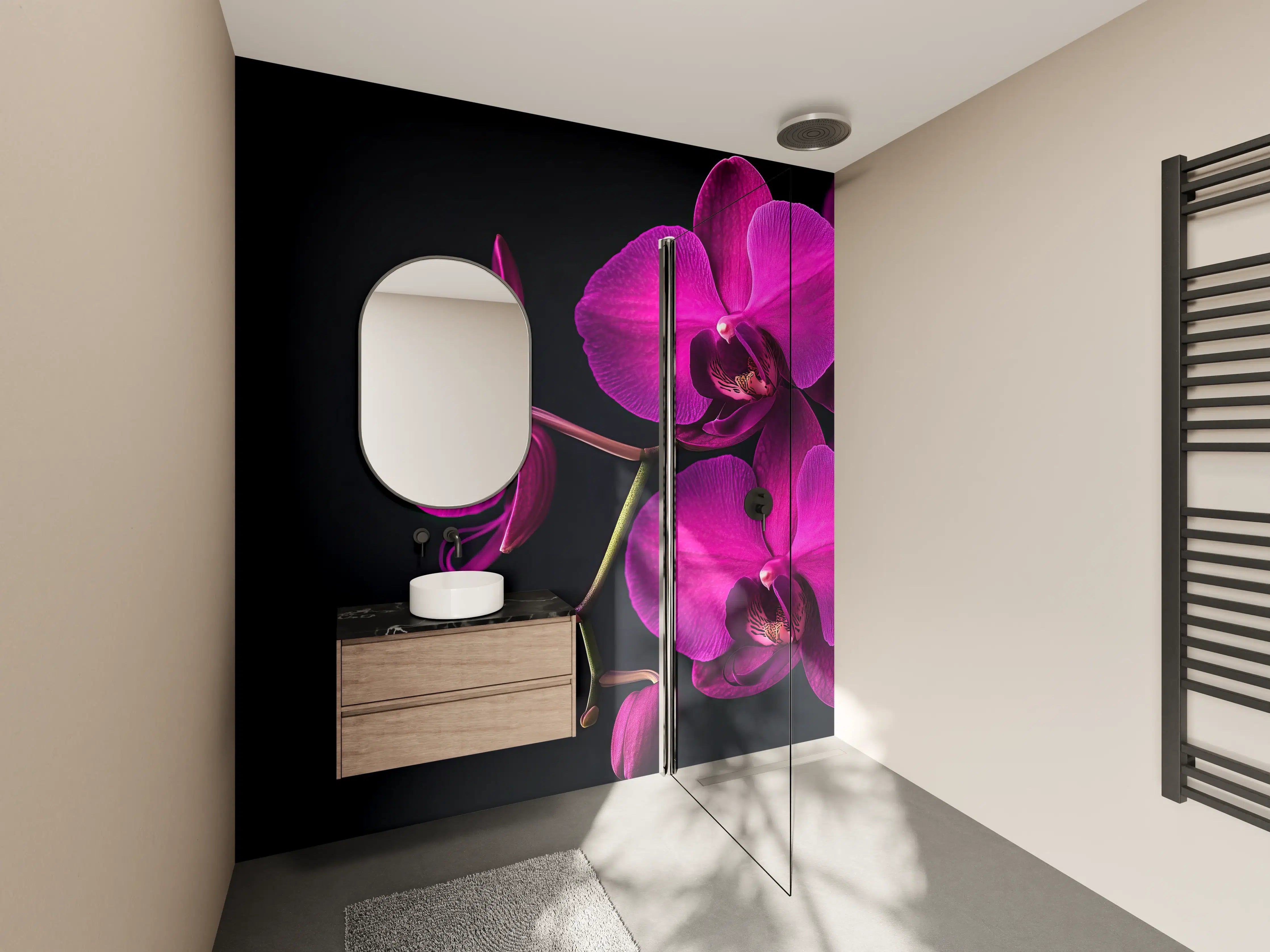 Wandverkleidung Bad - Violette Orchideen auf Schwarz