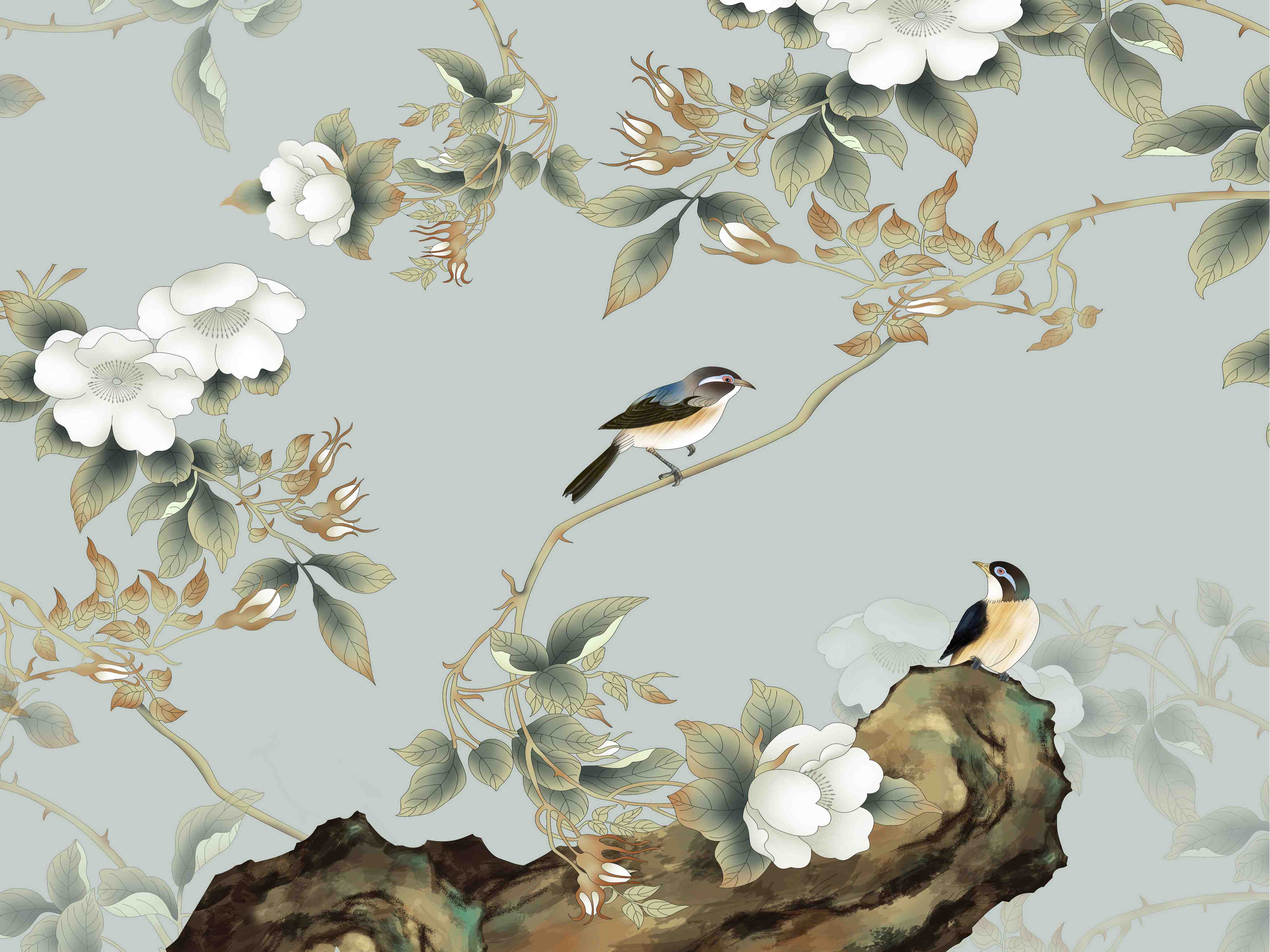 Wandverkleidung Bad-Vögel Natur Illustration auf grauem Hintergrund