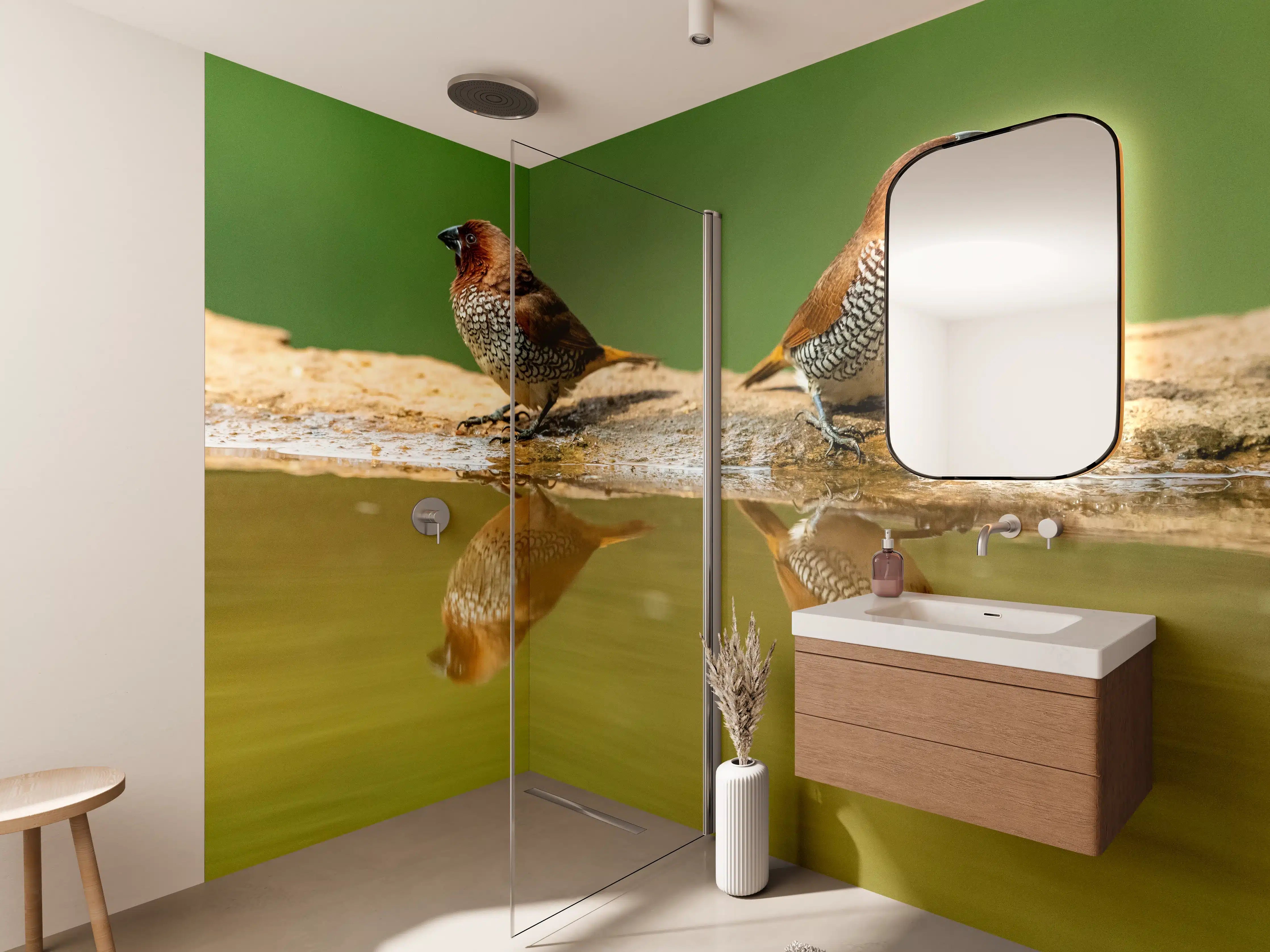 Wandverkleidung Bad - Vögel Spiegelung im Wasser