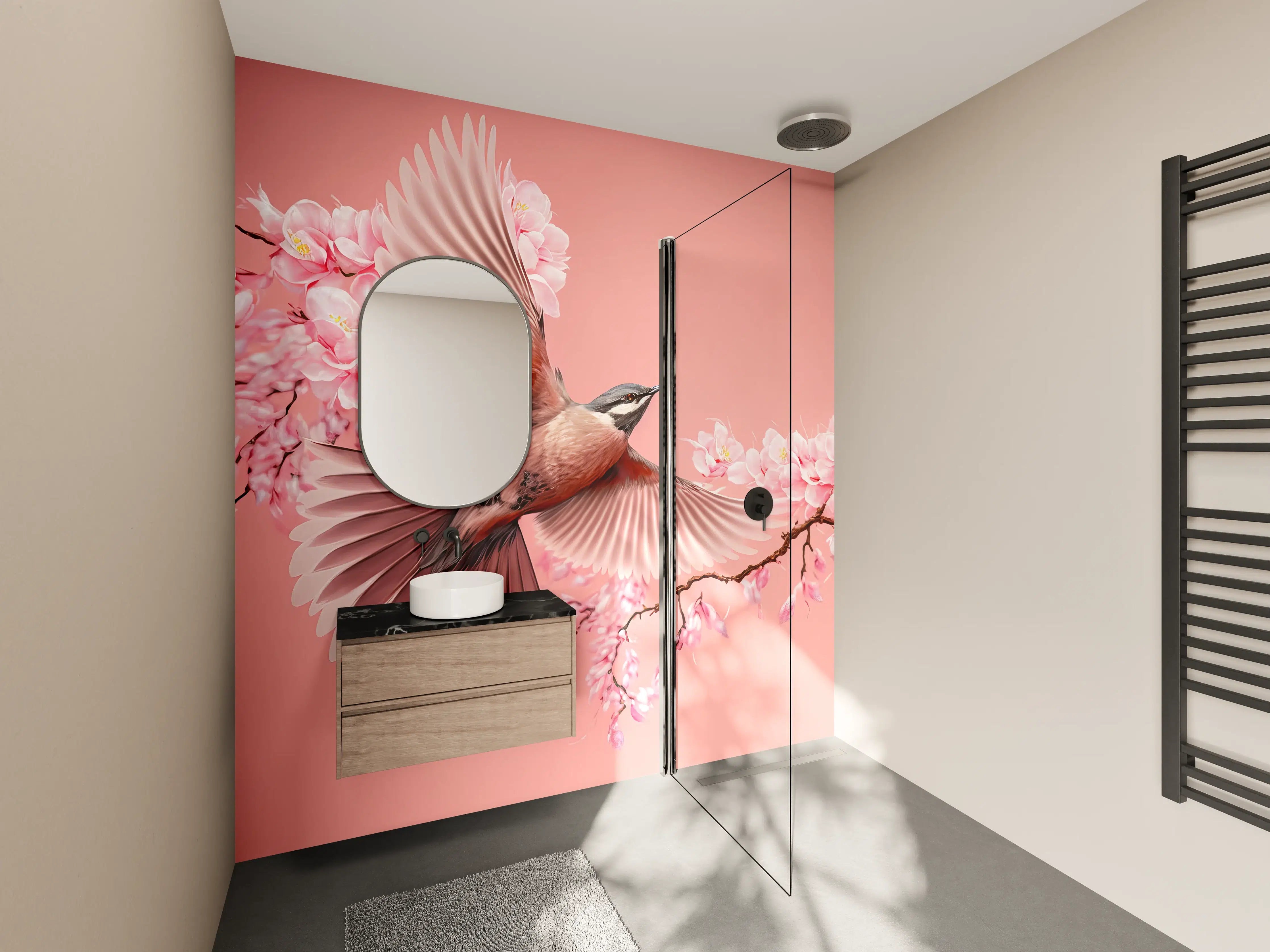 Wandverkleidung Bad - Vogel und Kirschblüten Pink