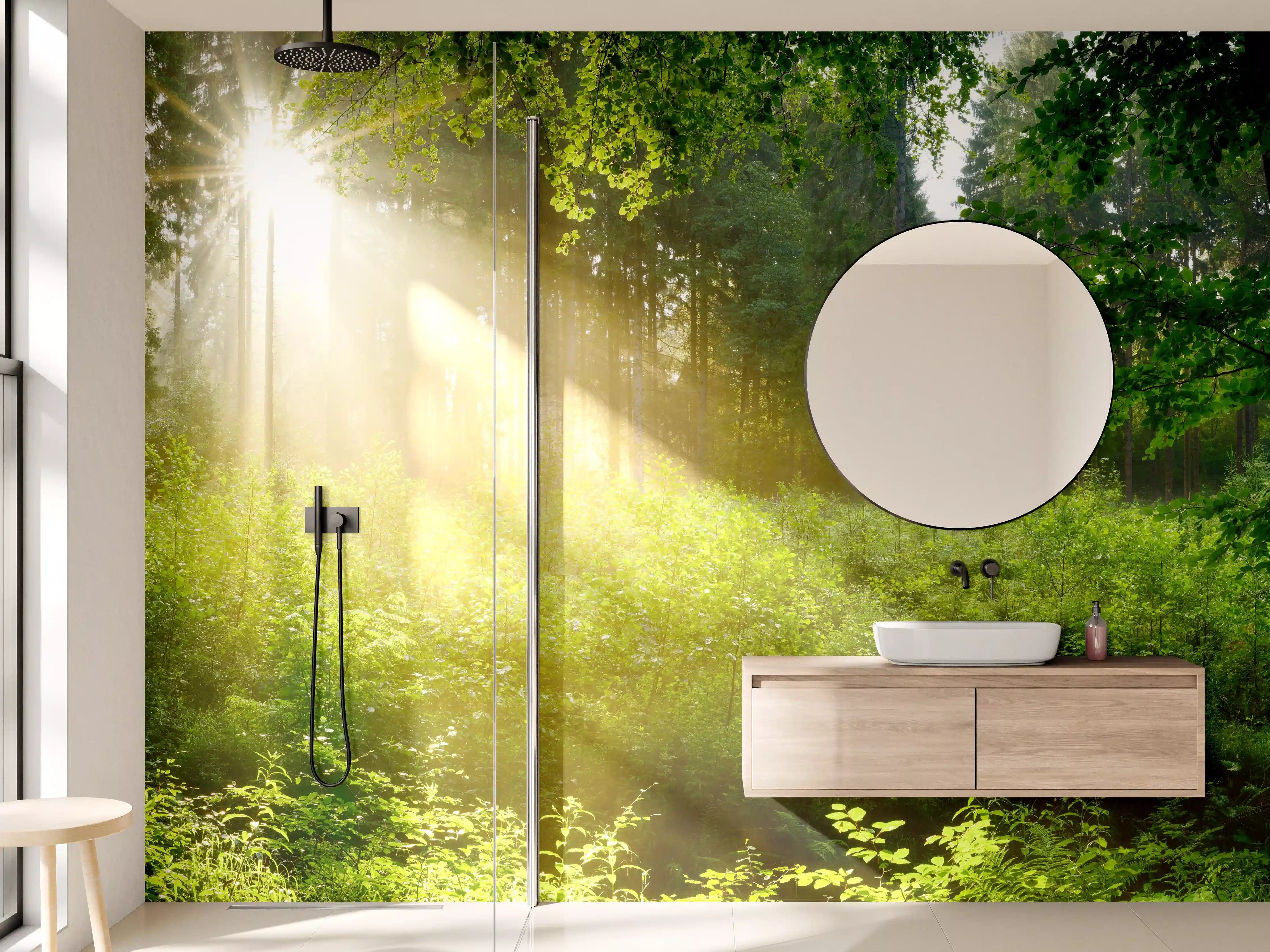Wandverkleidung Bad - Wald bei Sonnenlicht mit grünen Bäumen