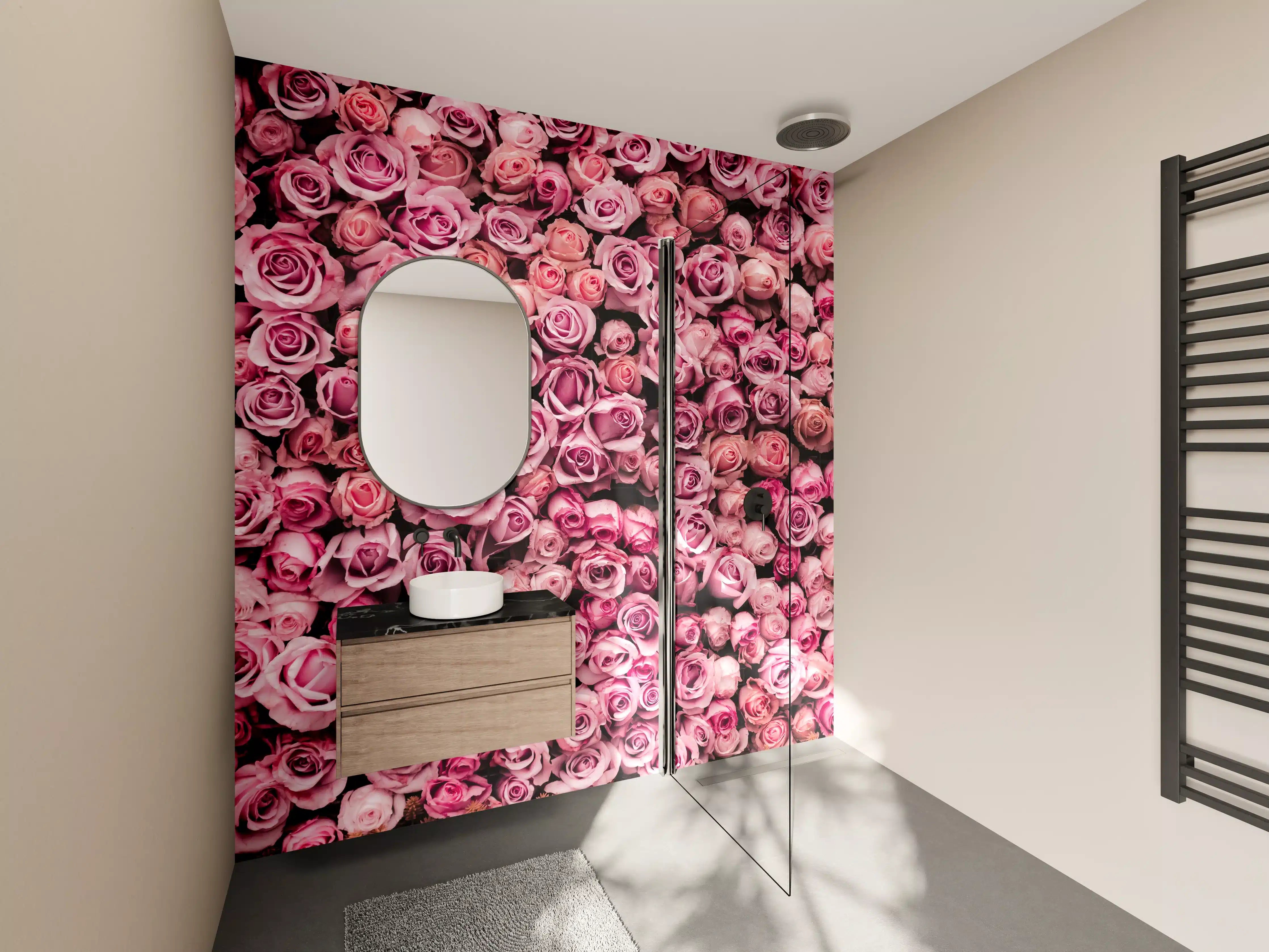 Wandverkleidung Bad - Wand aus frischen Rosen