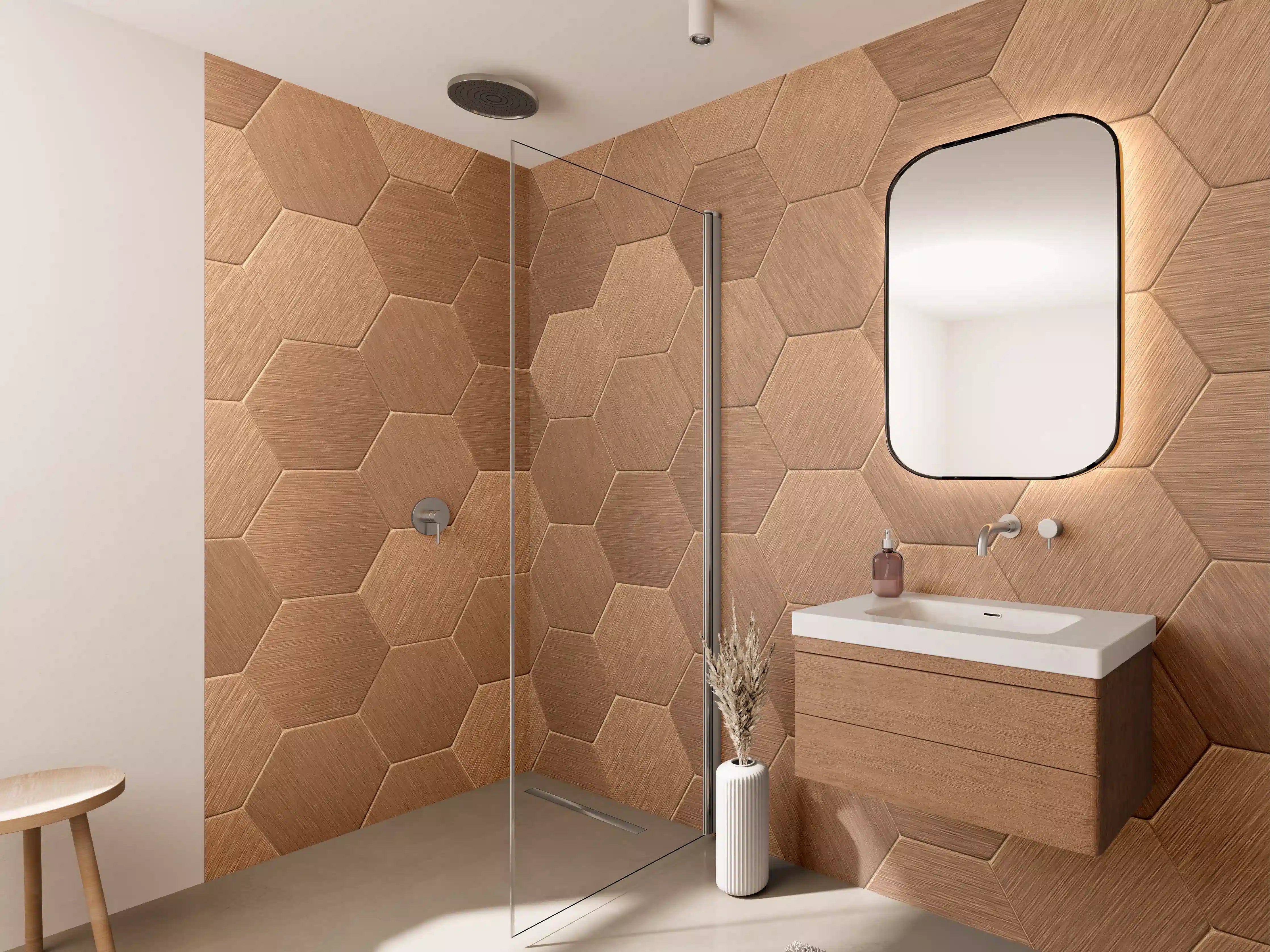 Wandverkleidung Bad - Wandverkleidung aus warmem Holz mit Hexagon-Muster
