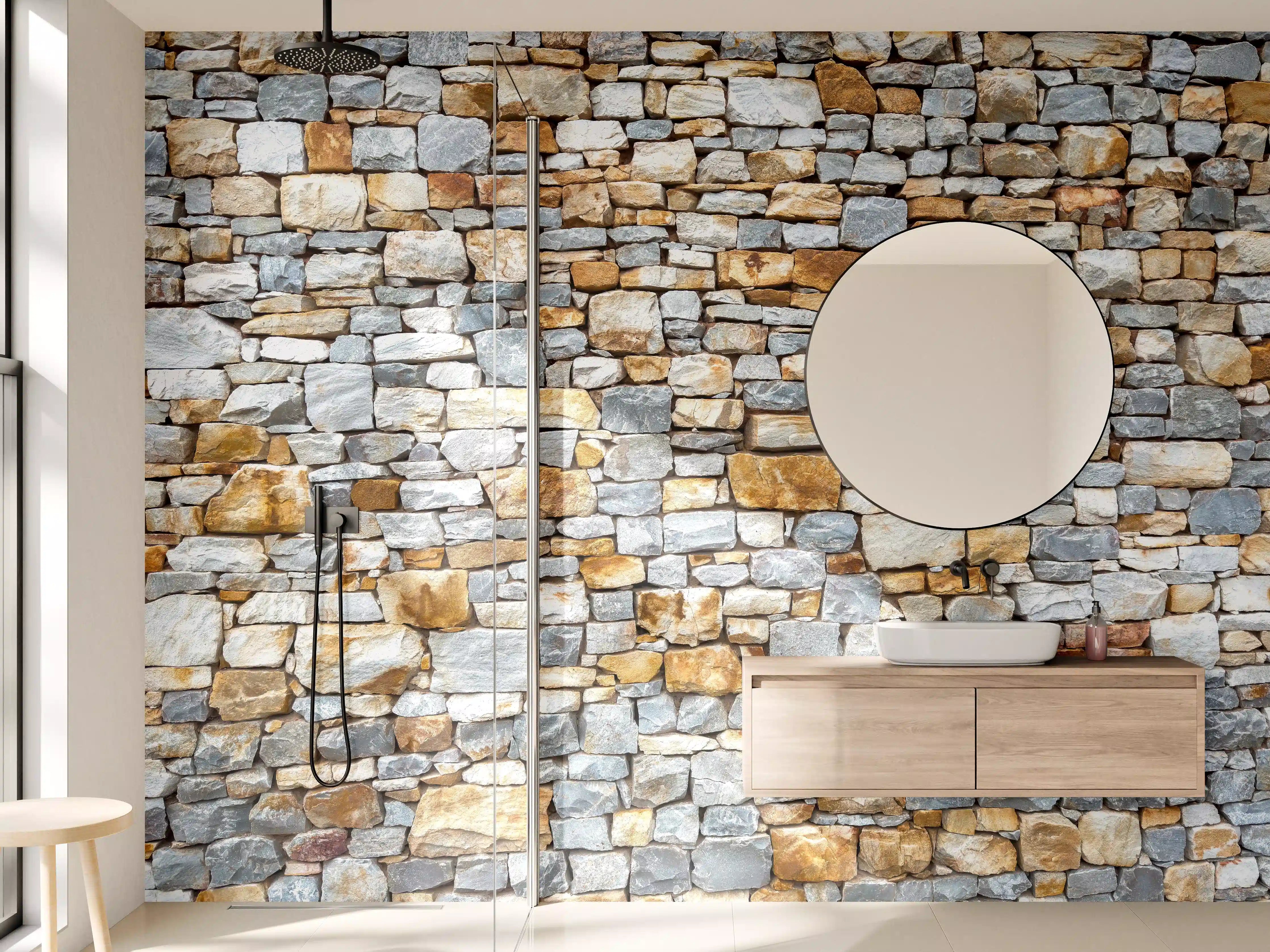 Wandverkleidung Bad - Warme Grautöne Natursteinmauer