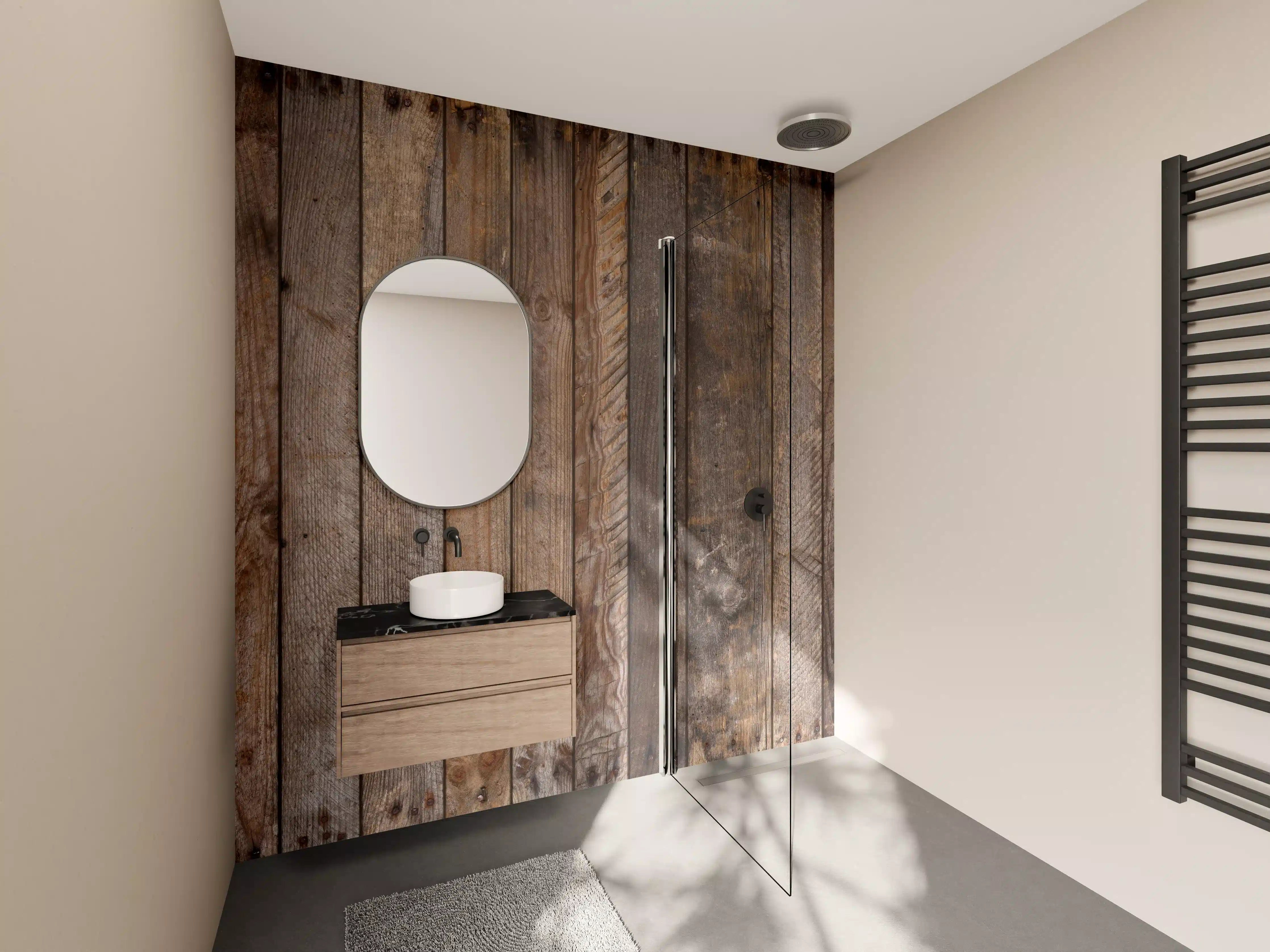 Wandverkleidung Bad - Warme Grautöne mit Holzvertäfelung